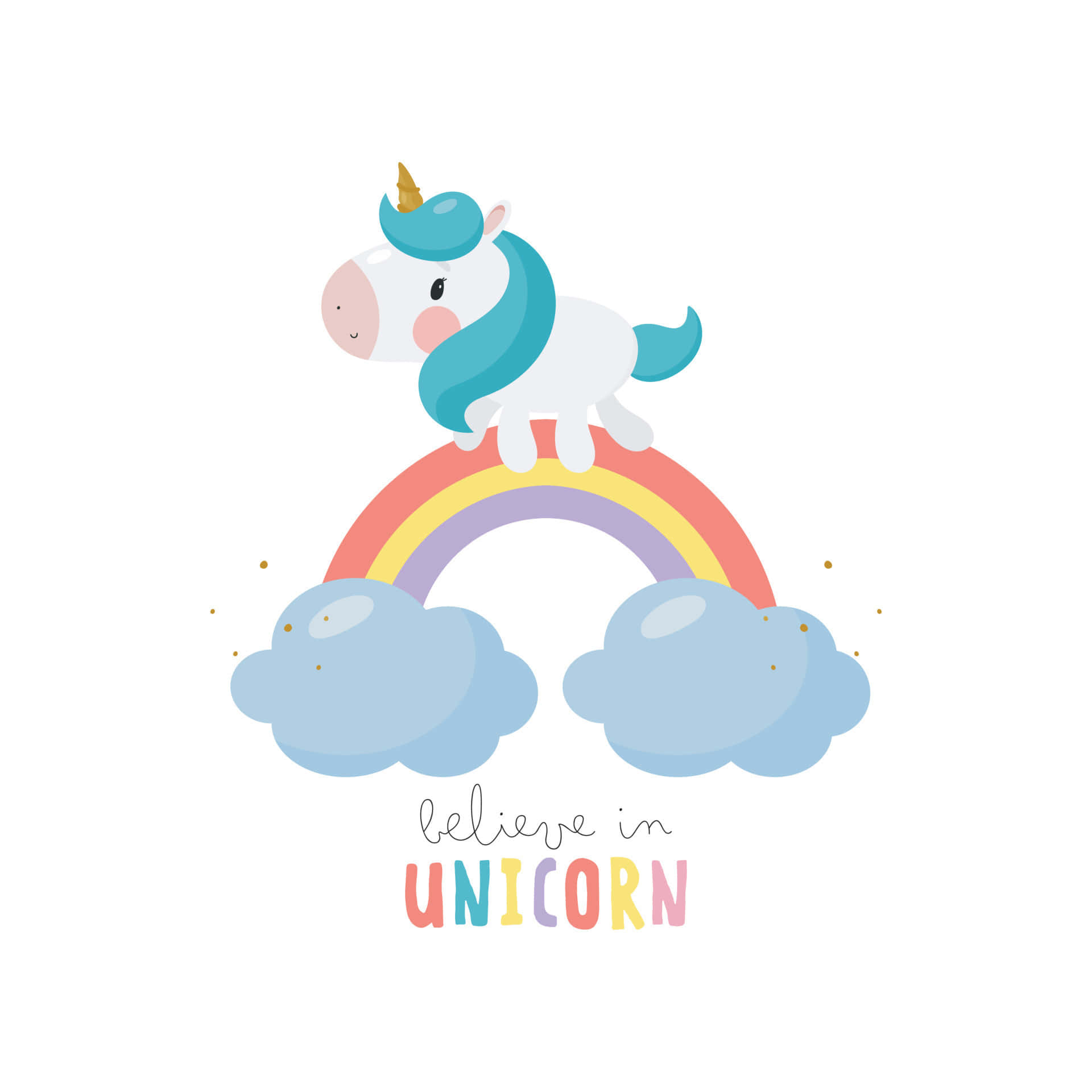Magical Unicorn 桌布 壁紙 — 一隻可愛的卡通獨角獸，擁有藍色鬃毛和金色角，坐在兩朵蓬鬆雲朵之間的彩色彩虹上。