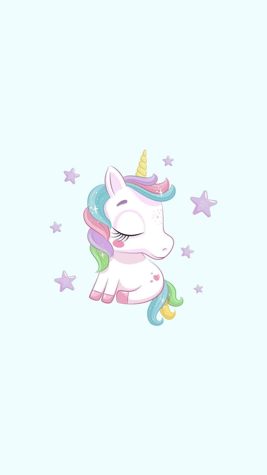 Pastel Unicorn 桌布 壁紙 — 一隻可愛的卡通獨角獸，閉著眼睛，彩虹鬃毛，在柔和的薄荷色背景上，靜靜地坐在漂浮的星星之間。