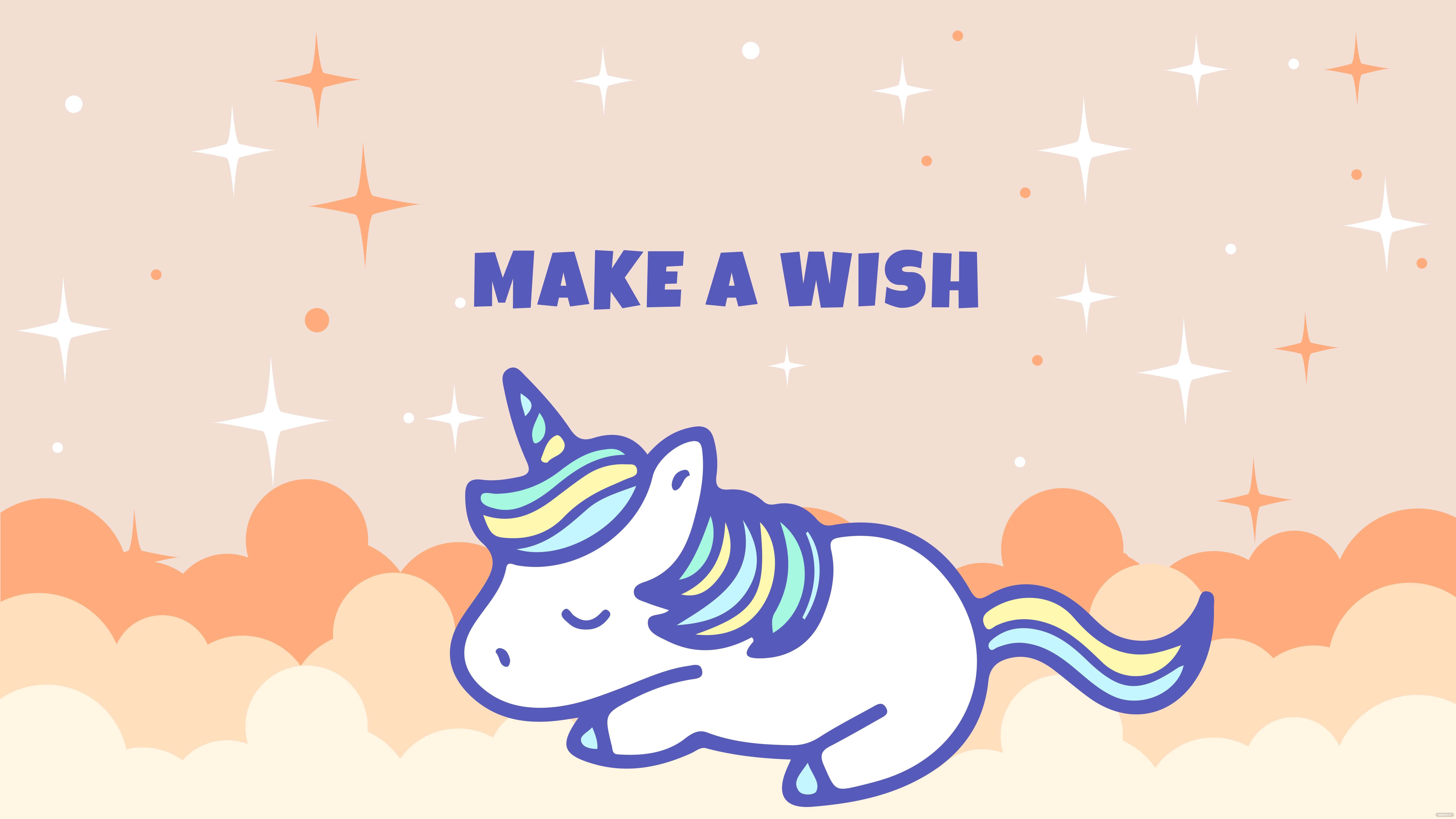 Unicorn Desktop 桌布 壁紙 — 一隻可愛的卡通獨角獸在星空下、粉彩雲朵上安詳地睡覺，並帶有文字 make a wish。