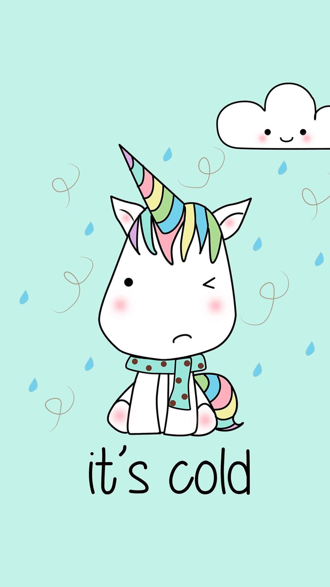 獨角獸 桌布 壁紙 — 一隻可愛的卡通獨角獸戴著圍巾，在薄荷綠色背景上，於微笑的雲朵下在雨中發抖。