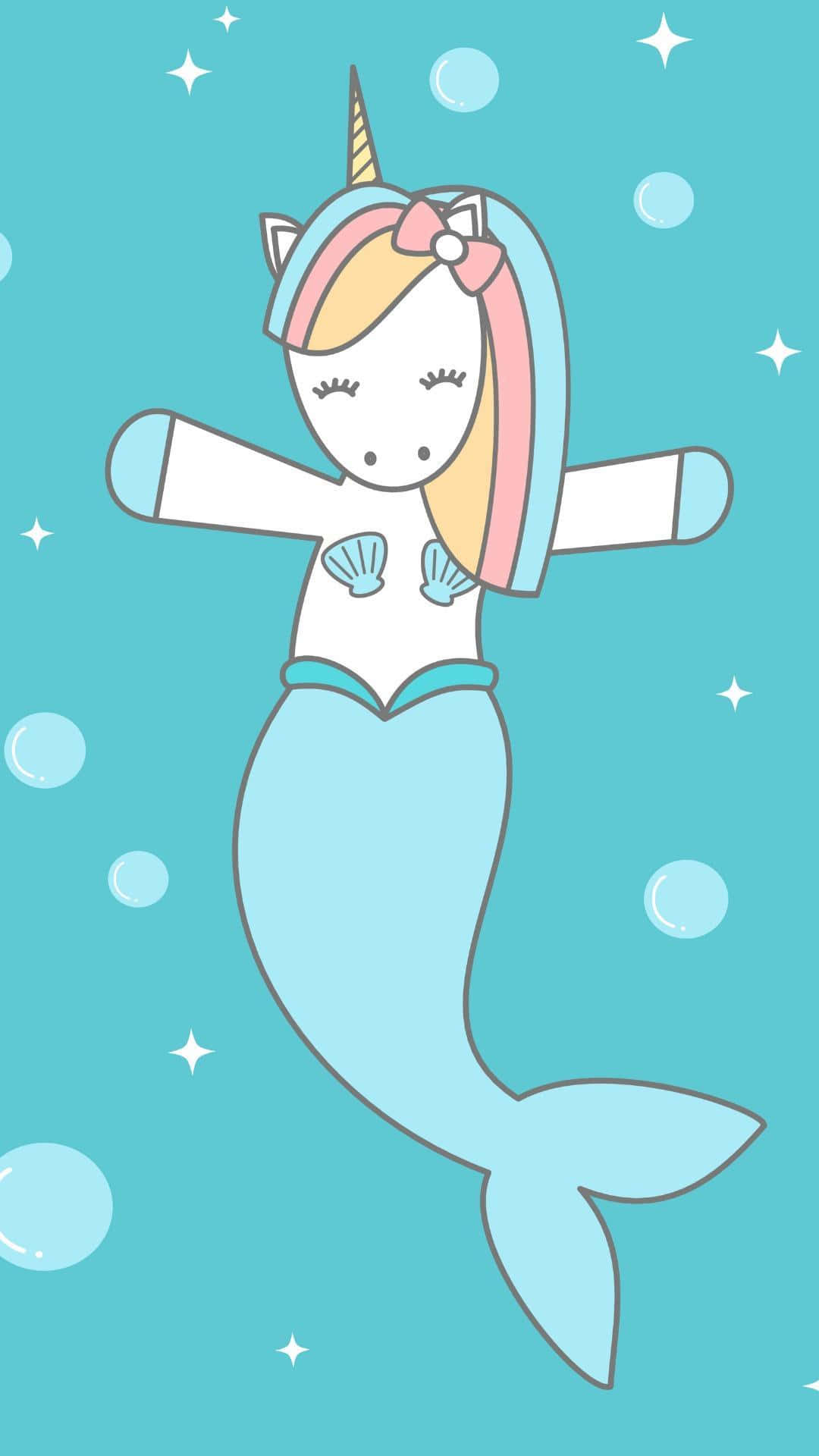 美人魚 桌布 壁紙 — 一隻可愛的卡通獨角獸美人魚，擁有柔和色調的鬃毛和尾巴，在泡泡和星星環繞下平靜地在水底游泳。