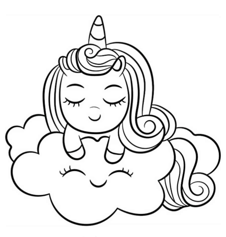 coloring 桌布 壁紙 — 一隻可愛的卡通獨角獸閉著眼睛，平靜地躺在微笑的雲朵上，以簡單的黑白線條繪製。