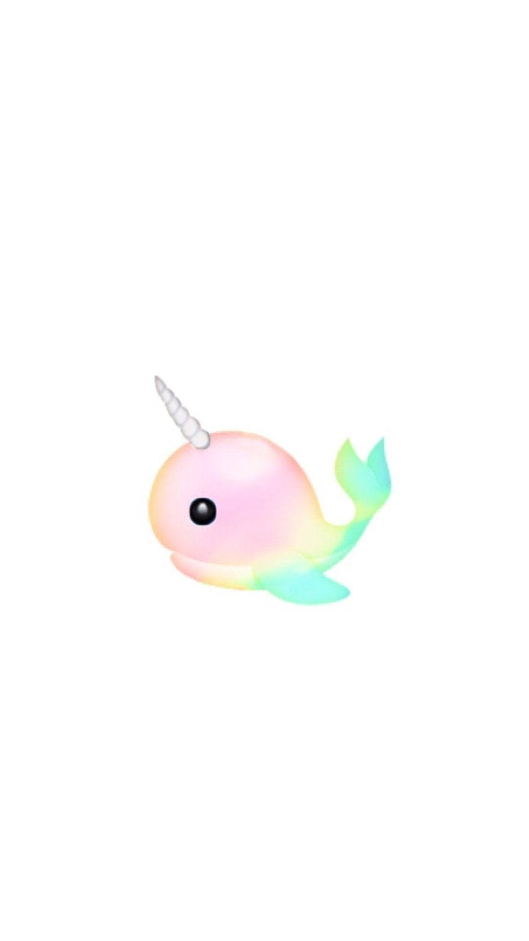 Narwhal 桌布 壁紙 — 一隻可愛的卡通獨角鯨，擁有粉彩彩虹漸變身體和白色螺旋長牙，在純白色背景中游泳。