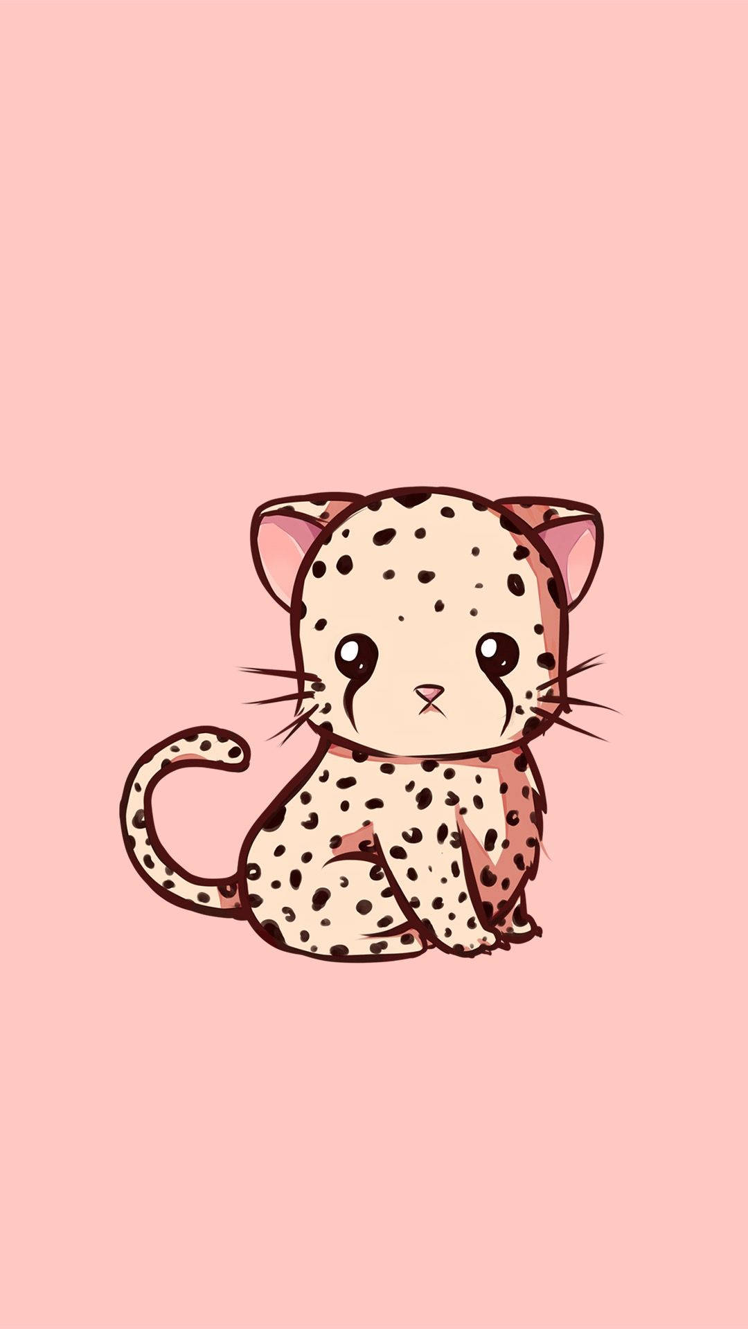 Cheetah 桌布 壁紙 — 一隻可愛的卡通獵豹幼崽，帶有黑色斑點，坐在柔軟的粉紅色背景中央。