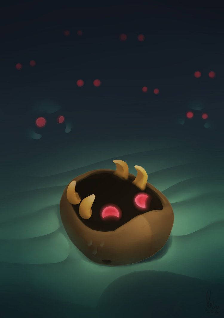 iPhone 桌布 壁紙 — 一隻可愛的卡通生物，擁有發光的粉紅色眼睛和小角，在黑暗的天空下，點綴著紅光，躺在藍綠色的海底。