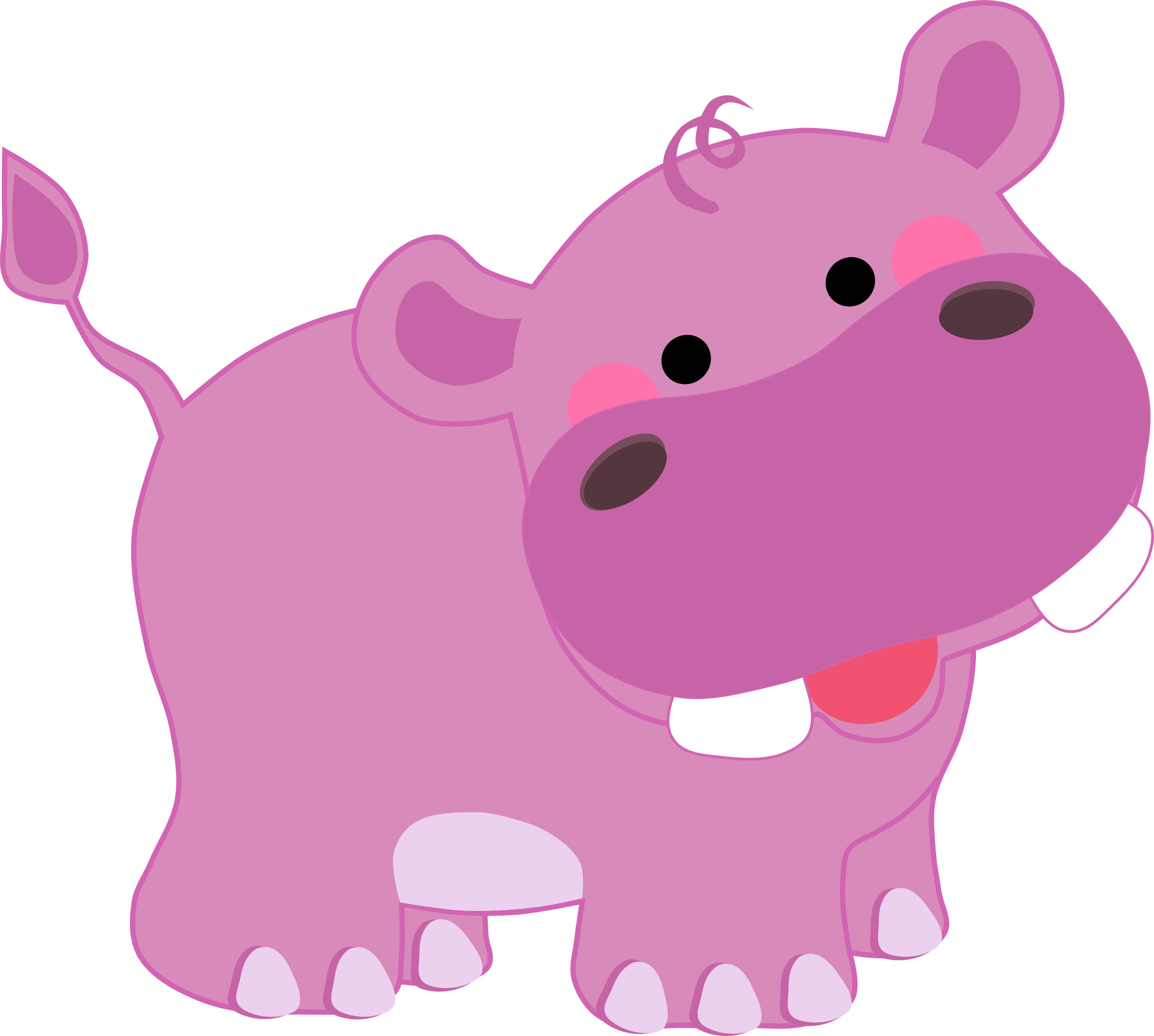 Cartoon Animal 桌布 壁紙 — 一隻可愛的卡通粉紅色河馬，臉頰紅潤，牙齒潔白，在純白色背景前開心地站著。