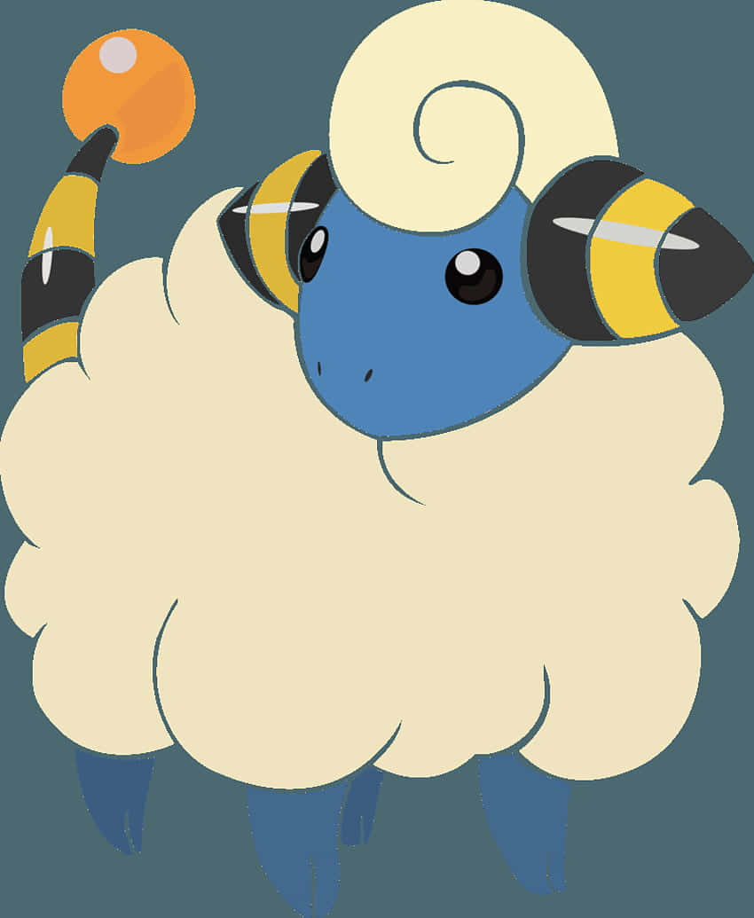 Pokémon 手機 桌布 壁紙 — 一隻可愛的卡通羊，擁有蓬鬆的奶油色毛髮、藍色臉龐和蜜蜂般的條紋耳朵，在柔和的青綠色背景前抱著一個橙色球體。
