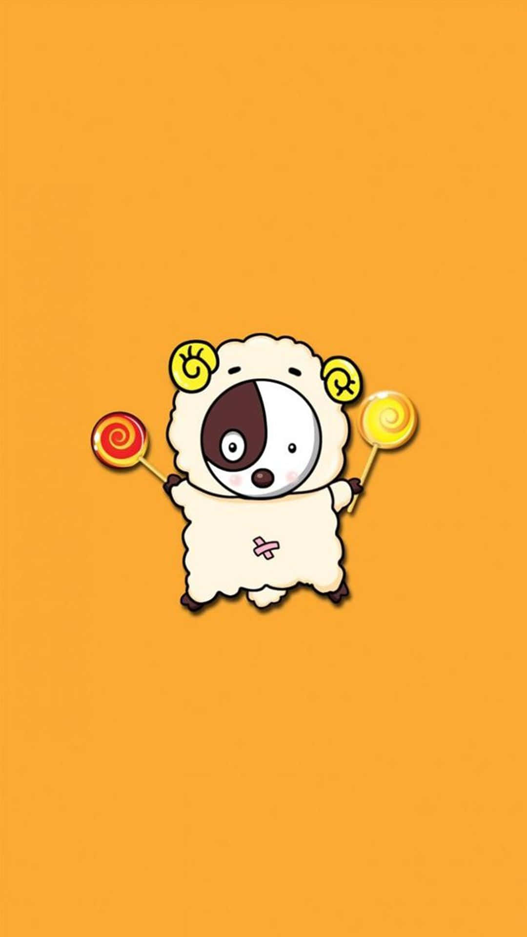 Cute Orange 桌布 壁紙 — 一隻可愛的卡通羊，有著陰陽臉，在橙色背景上拿著兩根彩色棒棒糖。