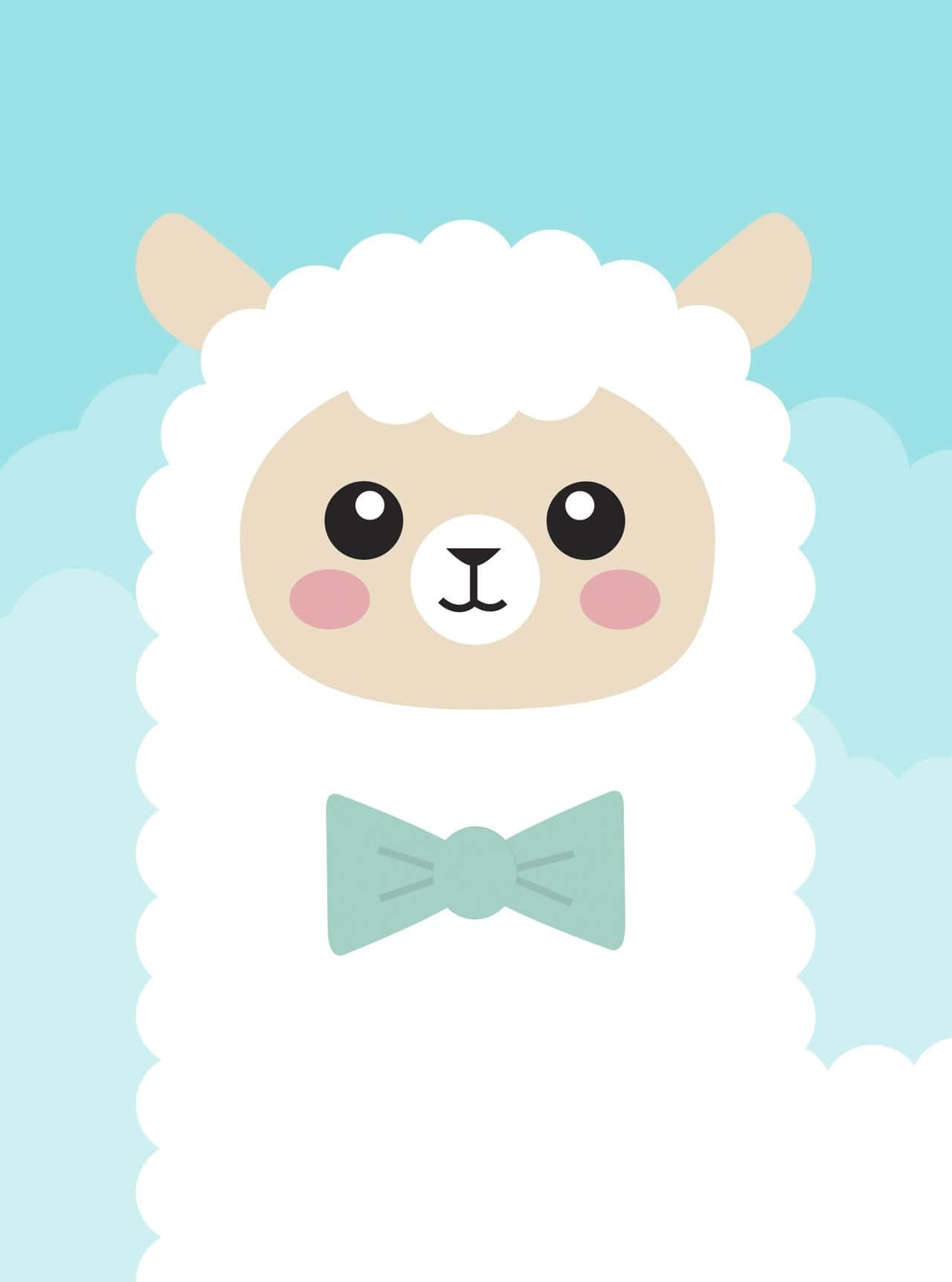 Kawaii Llama 桌布 壁紙 — 一隻可愛的卡通羊駝，擁有蓬鬆的白色羊毛和薄荷綠色的蝴蝶結，背景是柔和的藍天白雲。