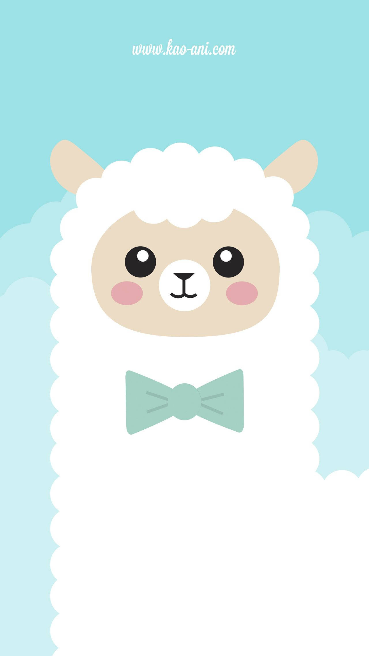 Alpaca 桌布 壁紙 — 一隻可愛的卡通羊駝，擁有蓬鬆的白色羊毛和薄荷綠色的蝴蝶結，背景是淺藍色天空和柔軟的雲朵。
