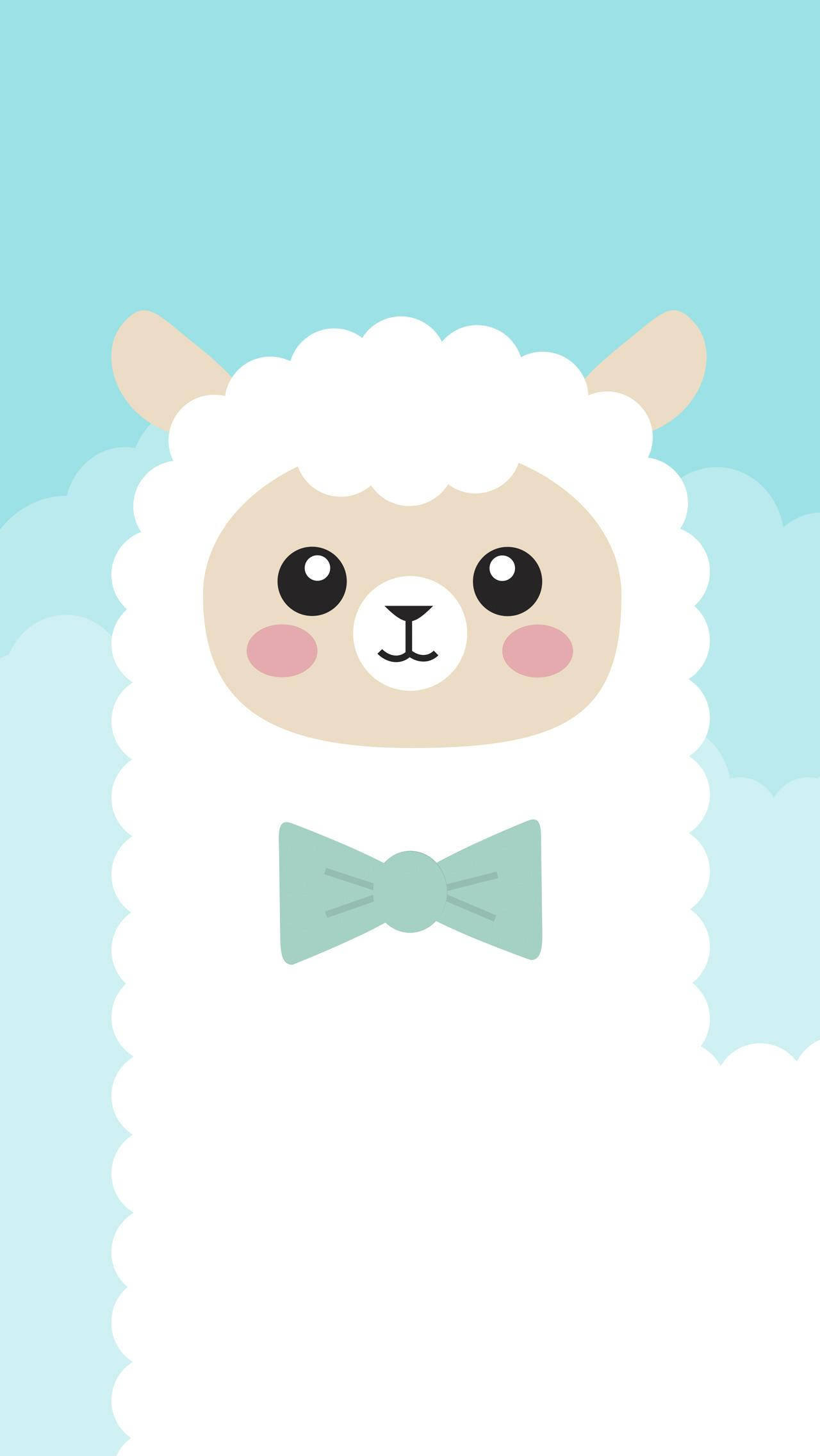 Kawaii iPhone 桌布 壁紙 — 一隻可愛的卡通羊駝戴著薄荷色蝴蝶結，站在柔和的藍天白雲背景前。