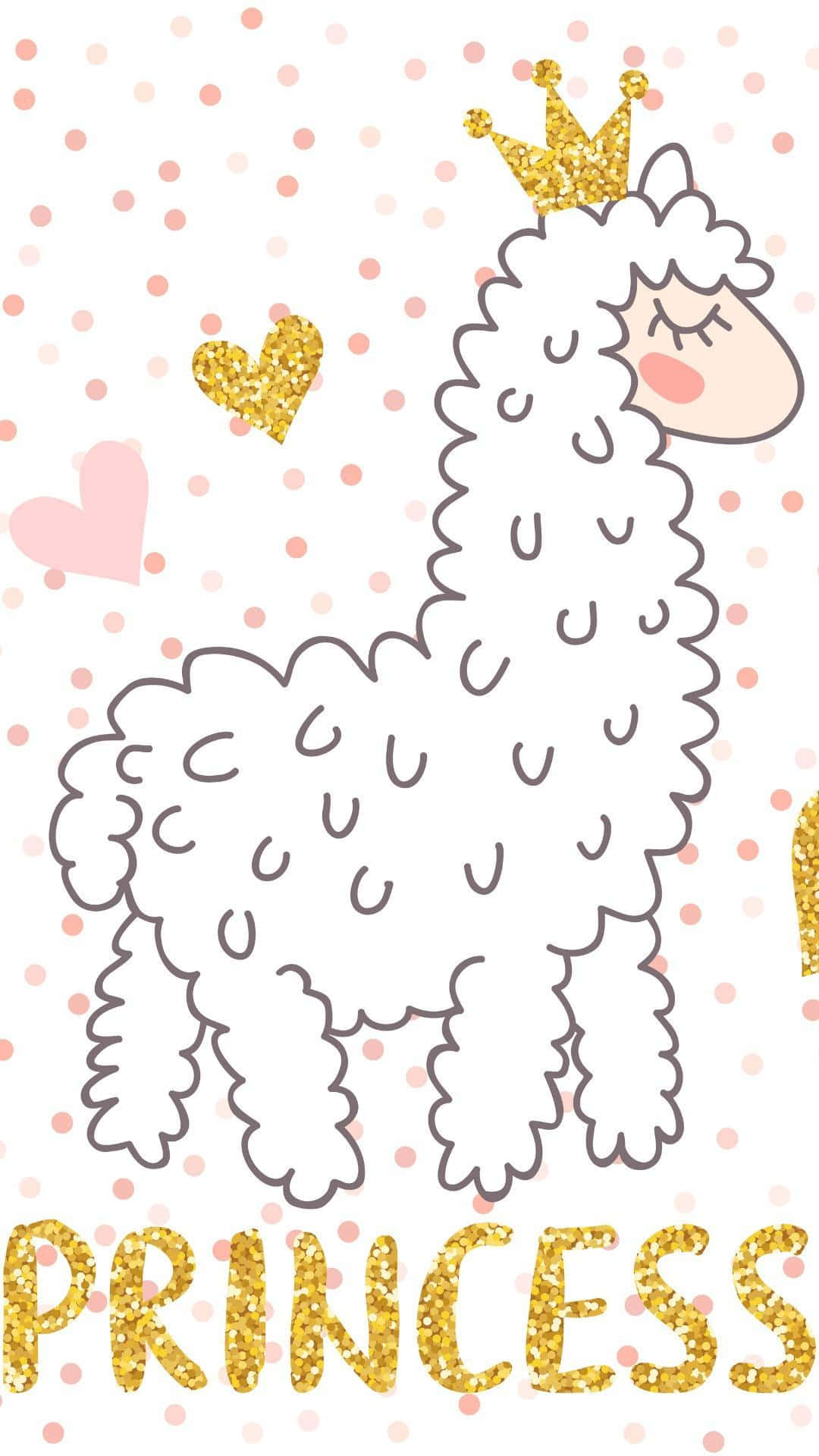 llama 桌布 壁紙 — 一隻可愛的卡通羊駝戴著金色閃亮皇冠，並在粉紅色圓點背景上有閃亮字母拼成的「公主」字樣。