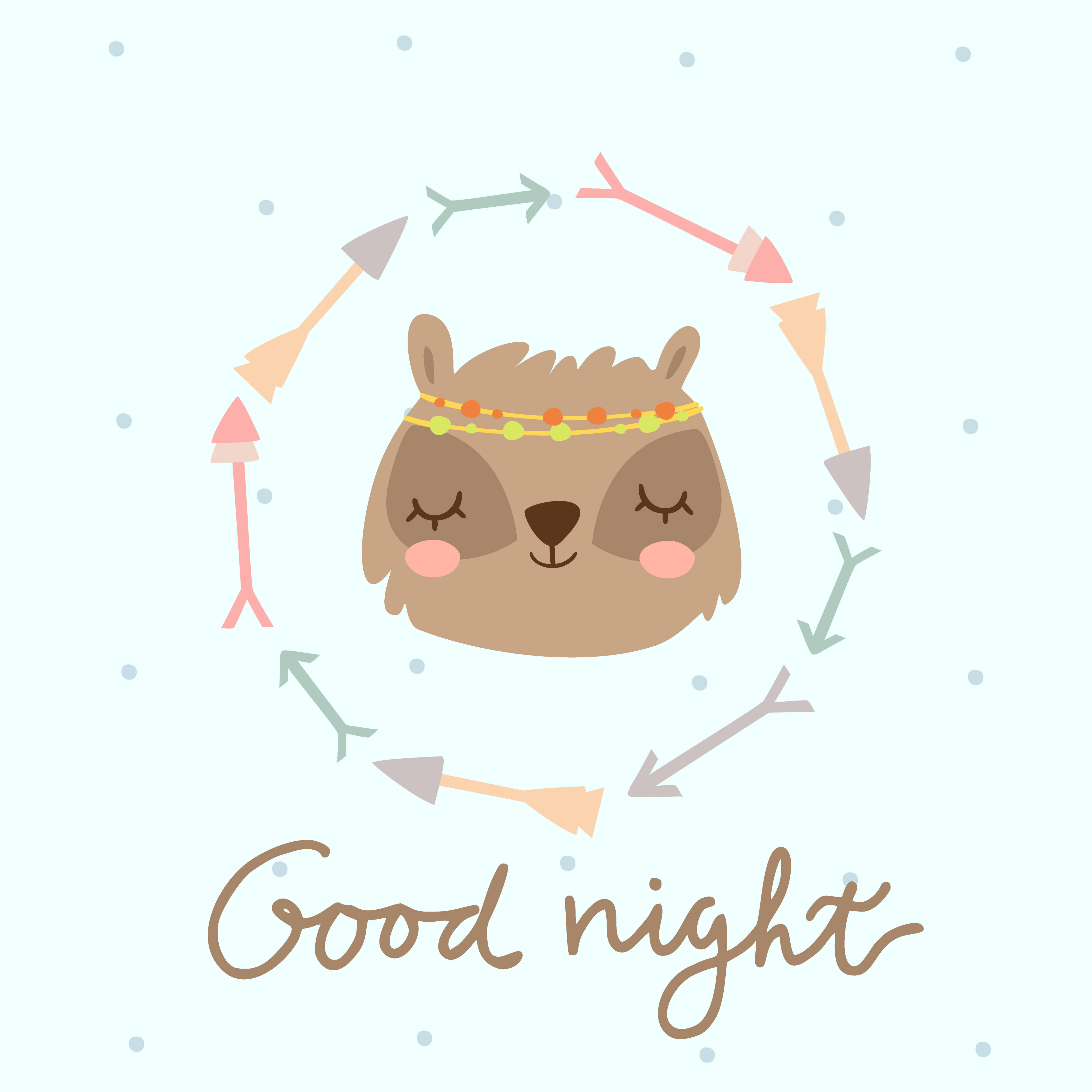 Good Night 桌布 壁紙 — 一隻可愛的卡通羊駝閉著眼睛，戴著珠飾頭帶，被彩色箭頭圍成一個圓圈，背景是淺藍色，上面有文字「晚安」。