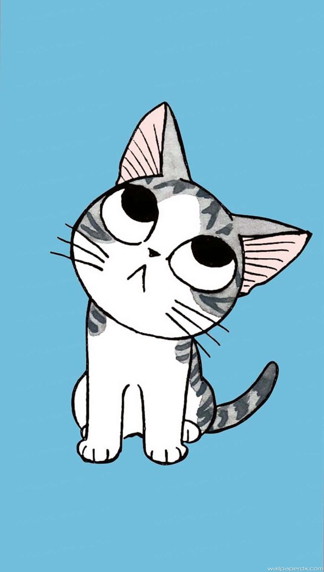 Cute Cartoon 桌布 壁紙 — 一隻可愛的卡通虎斑貓寶寶，有大圓眼睛，坐在純藍色背景前面。