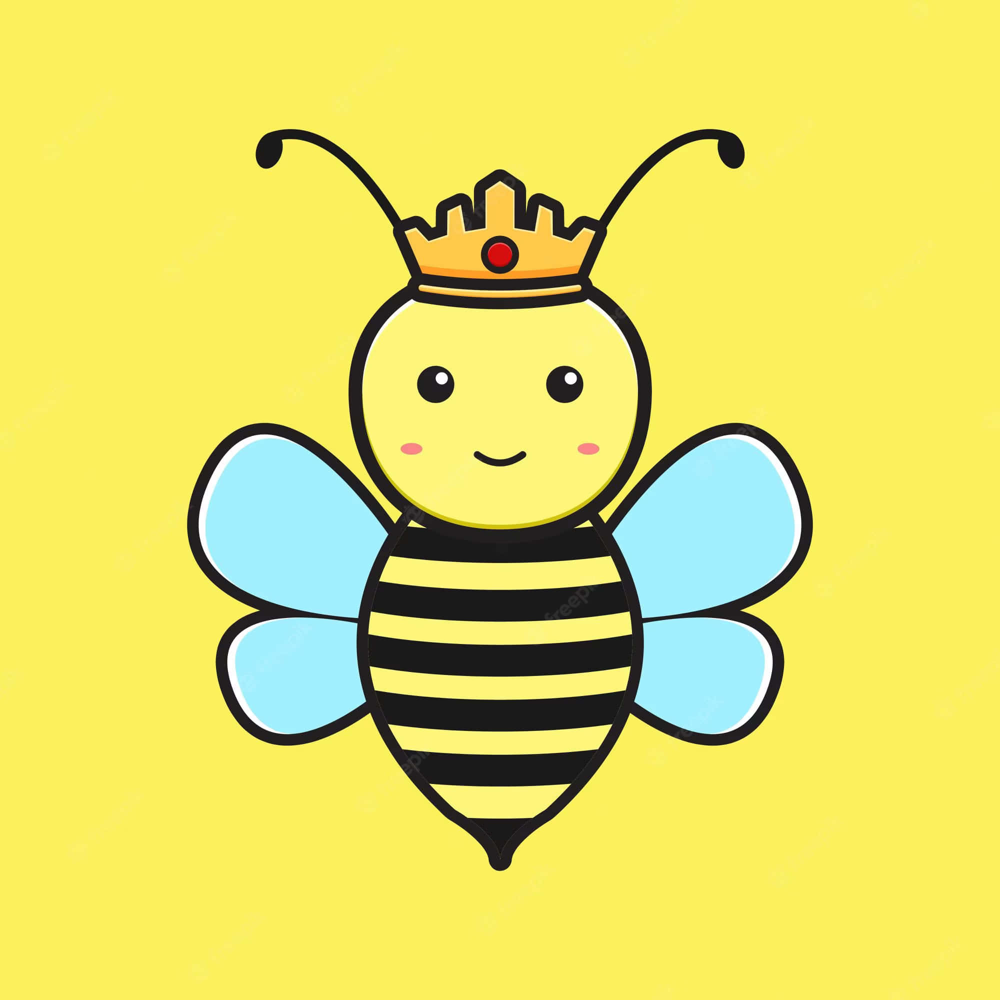 Queen Bee 桌布 壁紙 — 一隻可愛的卡通蜜蜂，戴著金色皇冠和藍色翅膀，在純黃色背景上微笑。