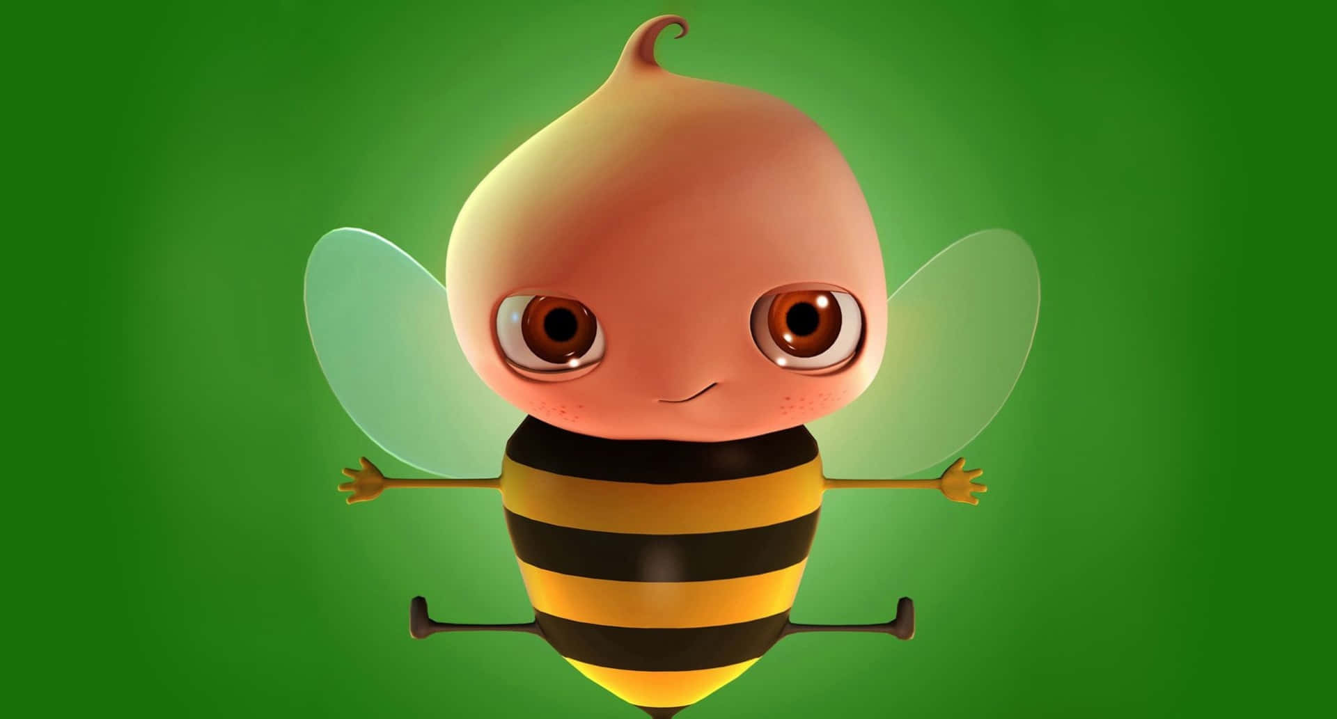 Animated 桌布 壁紙 — 一隻可愛的卡通蜜蜂，有大眼睛和半透明翅膀，漂浮在純綠色背景上。