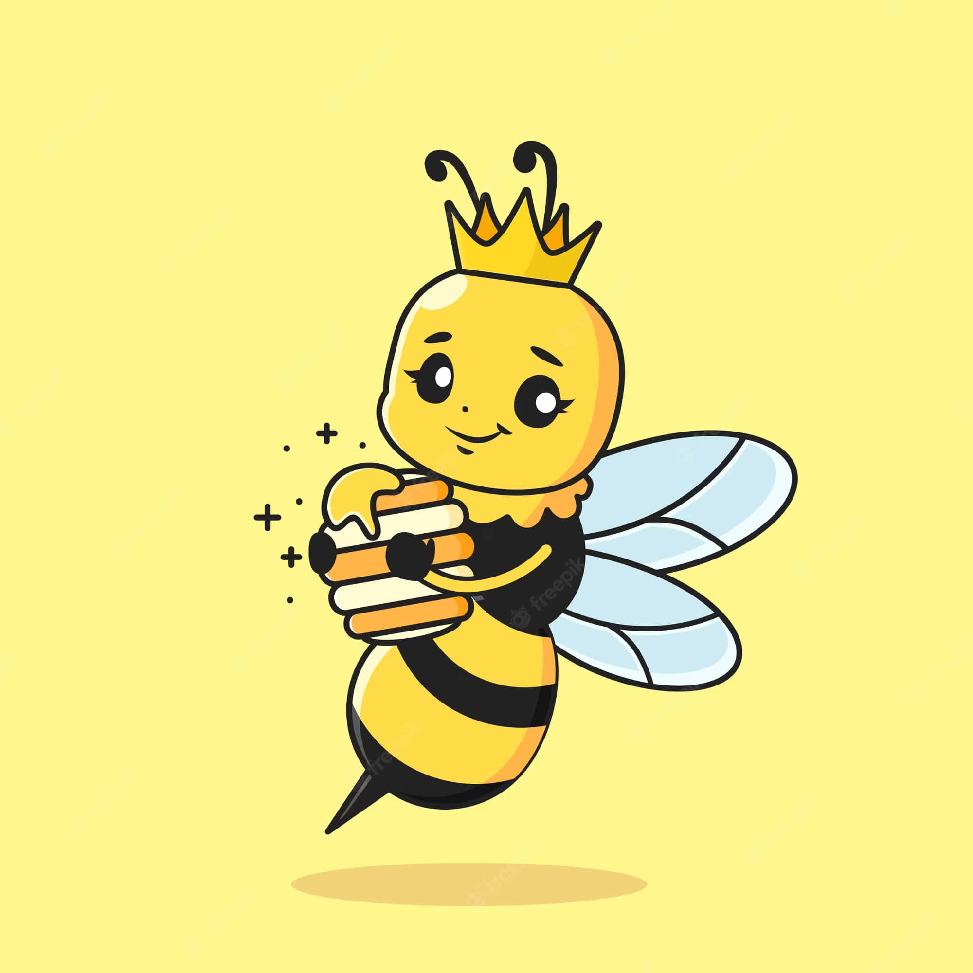 Queen Bee 桌布 壁紙 — 一隻可愛的卡通蜜蜂戴著皇冠，在柔和的黃色背景上拿著蜂巢。