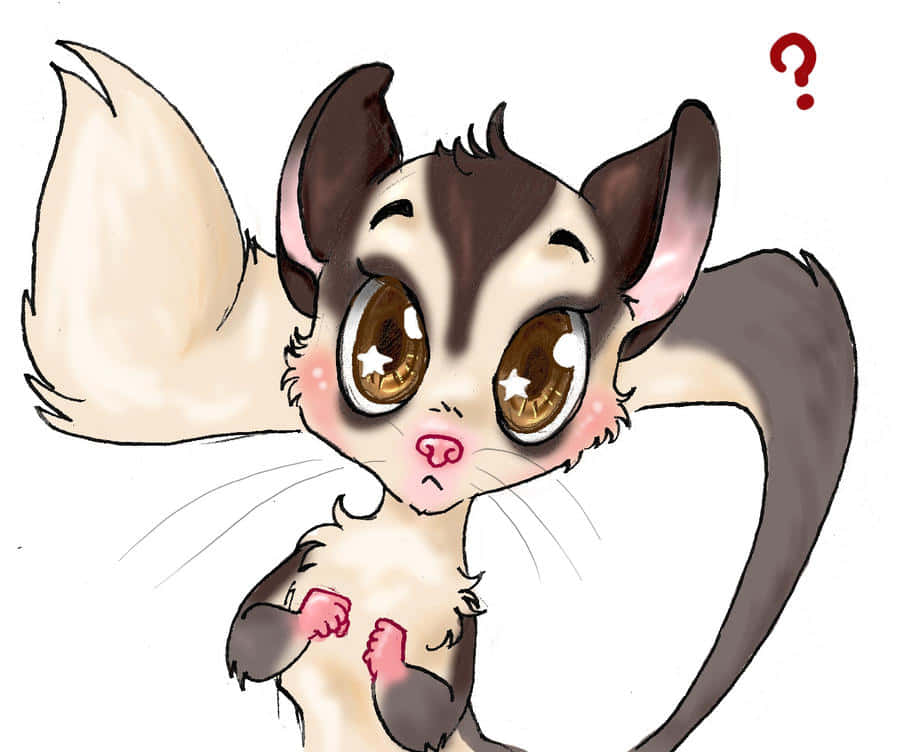 Sugar Glider 桌布 壁紙 — 一隻可愛的卡通蜜袋鼯，有著大大的星星眼和困惑的表情，抬起頭，頭頂上有一個問號。