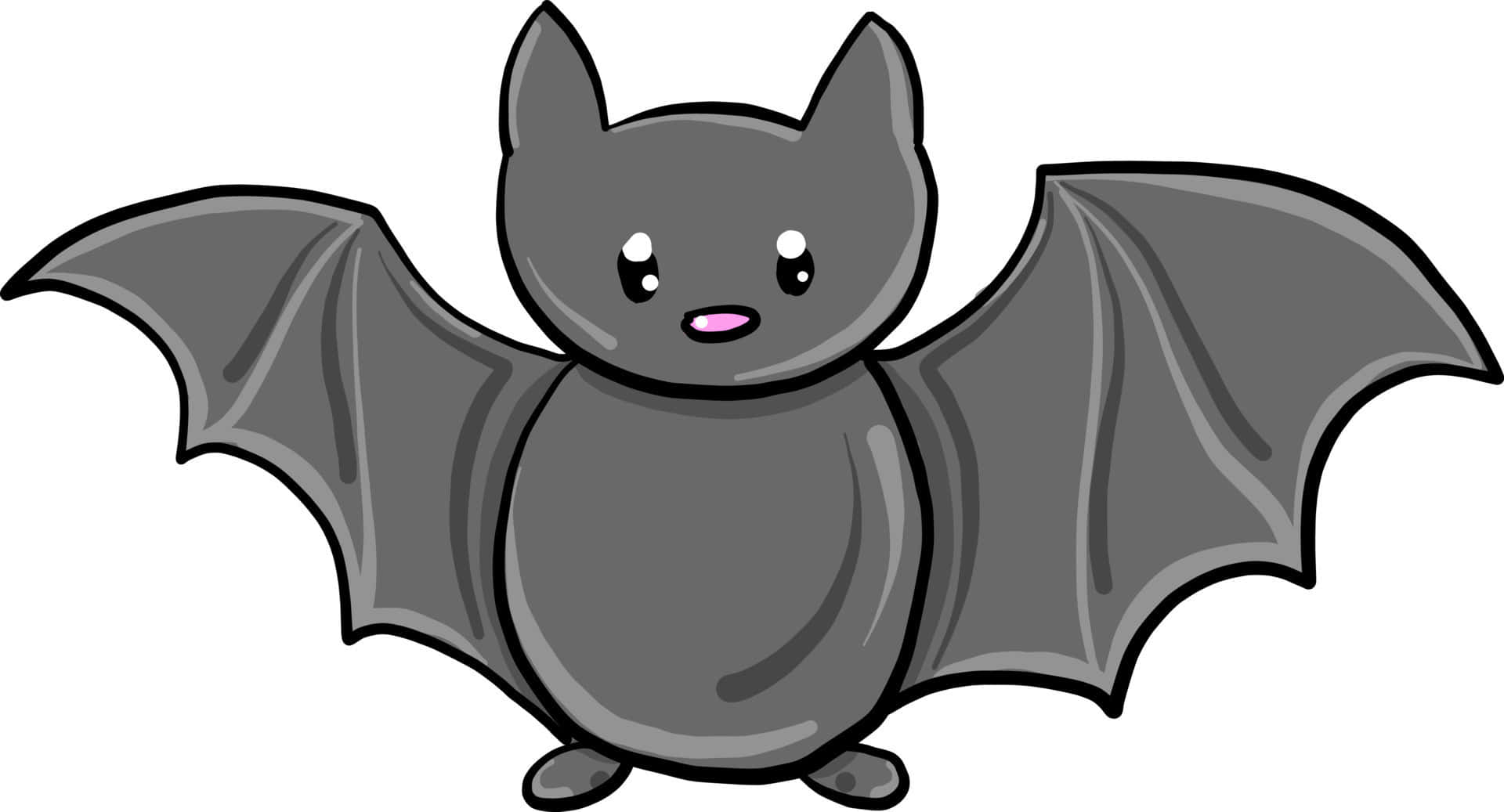 Bats 桌布 壁紙 — 一隻可愛的卡通蝙蝠，有大眼睛和展開的翅膀，站在純白色背景前。