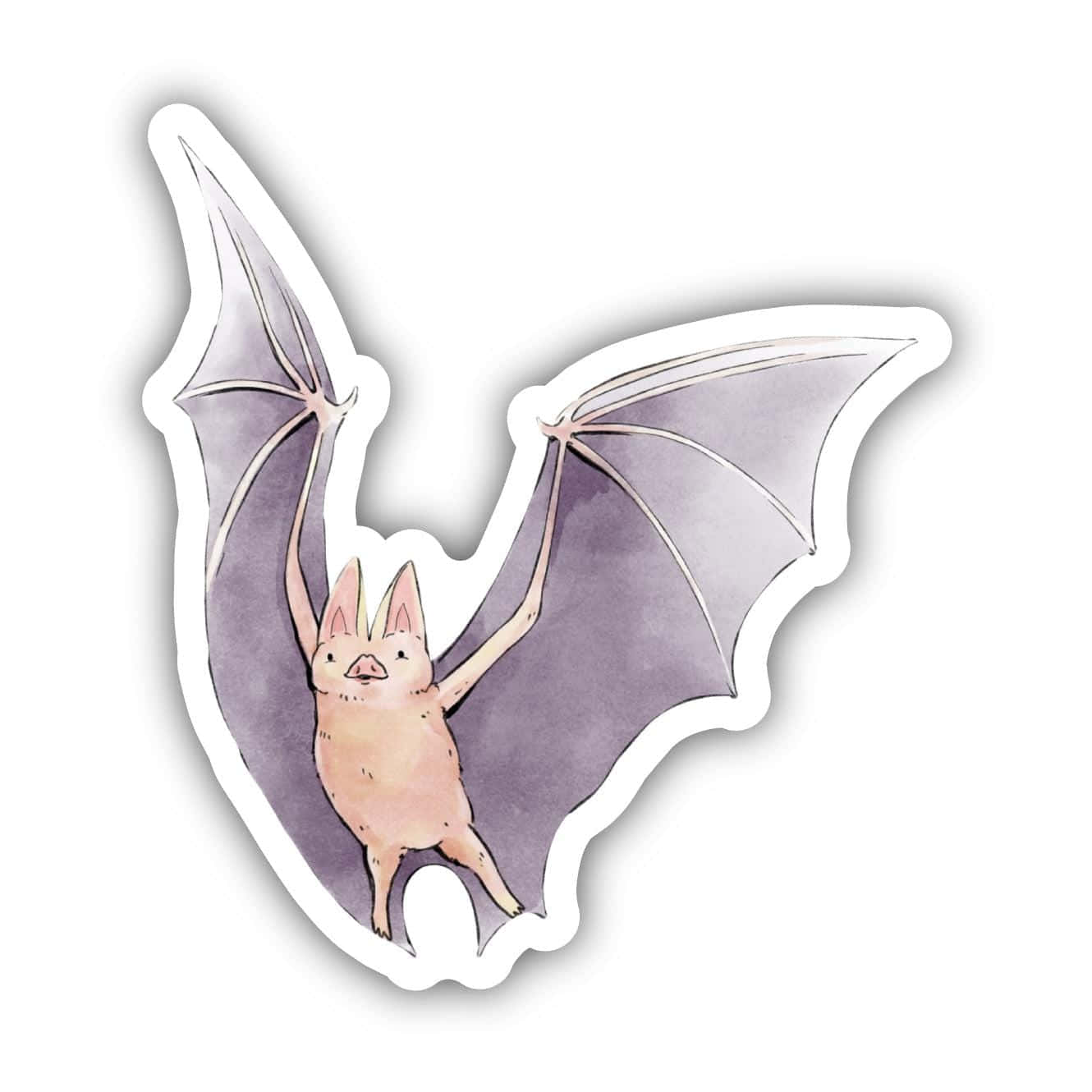 Bats 桌布 壁紙 — 一隻可愛的卡通蝙蝠，粉紅色皮膚和紫色翅膀，倒掛在水彩插圖中。