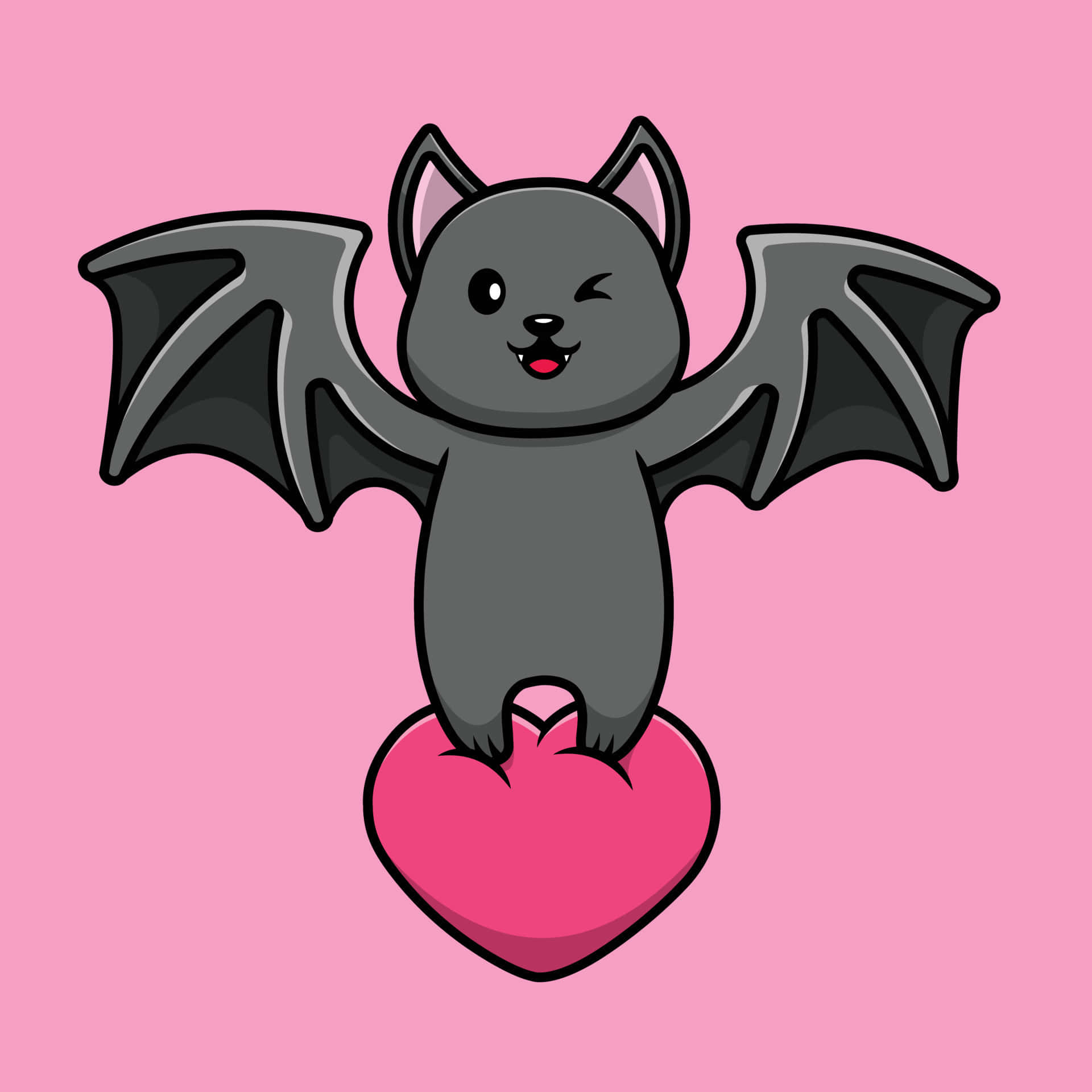 Bats 桌布 壁紙 — 一隻可愛的卡通蝙蝠單眼眨眼，站在一個亮粉紅色的心形上，背景是柔和的粉紅色。