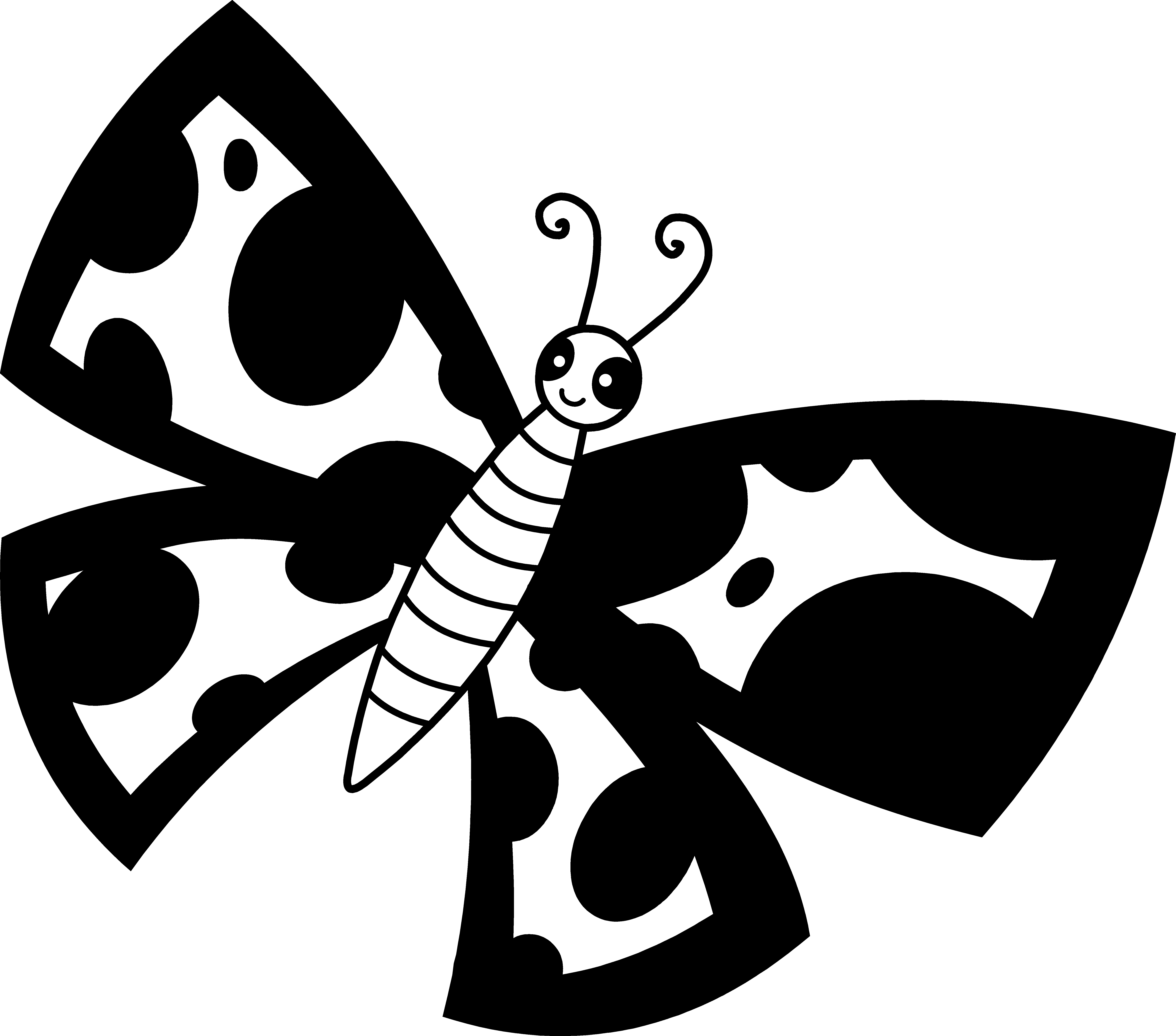 Clip Art 桌布 壁紙 — 一隻可愛的卡通蝴蝶，有大眼睛和條紋身體，在白色背景上飛翔，翅膀帶有圖案。