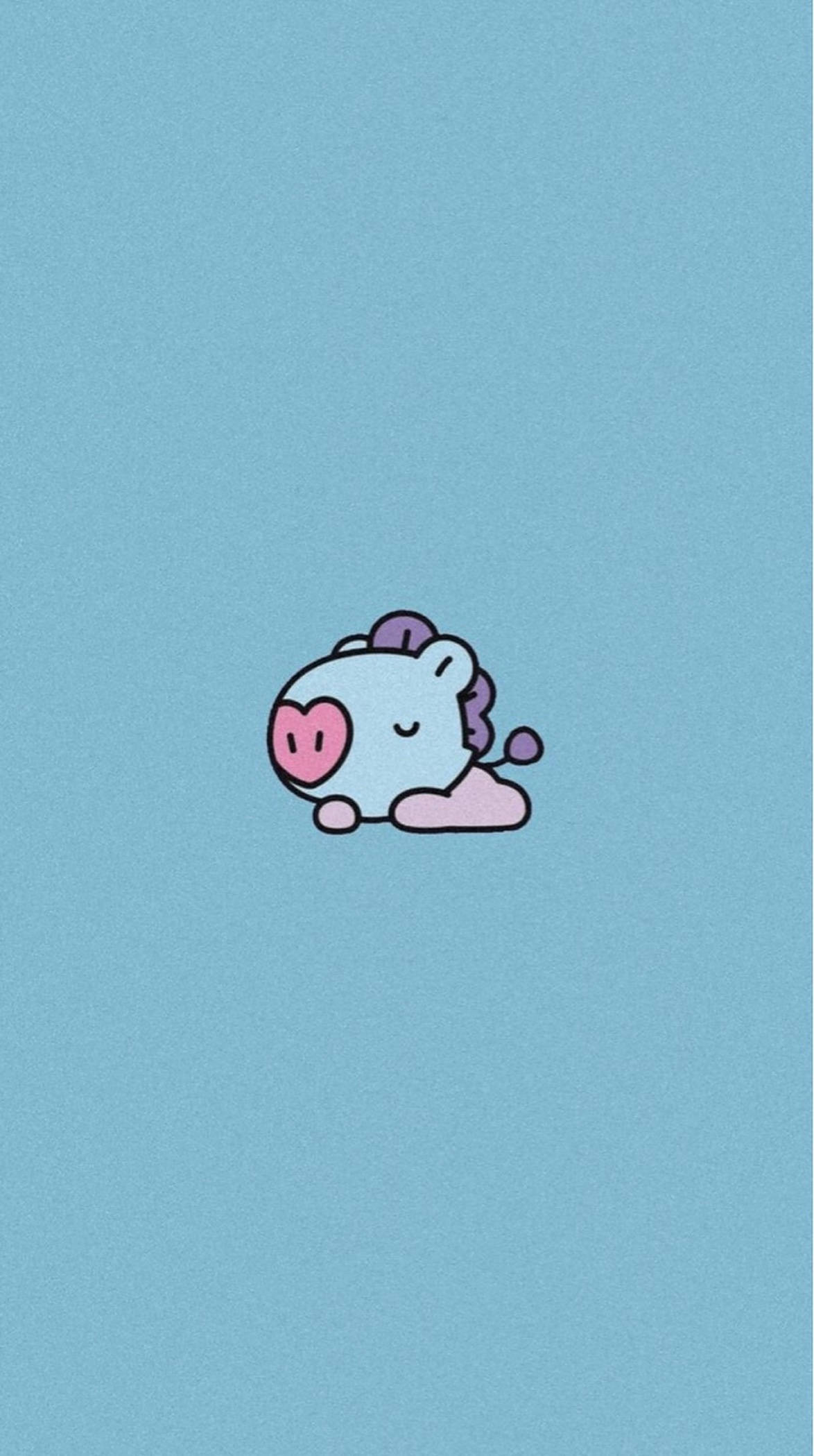 망 BT21 桌布 壁紙 — 一隻可愛的卡通豬，擁有心形鼻子和紫色鬃毛，在純淺藍色背景上平靜地休息。