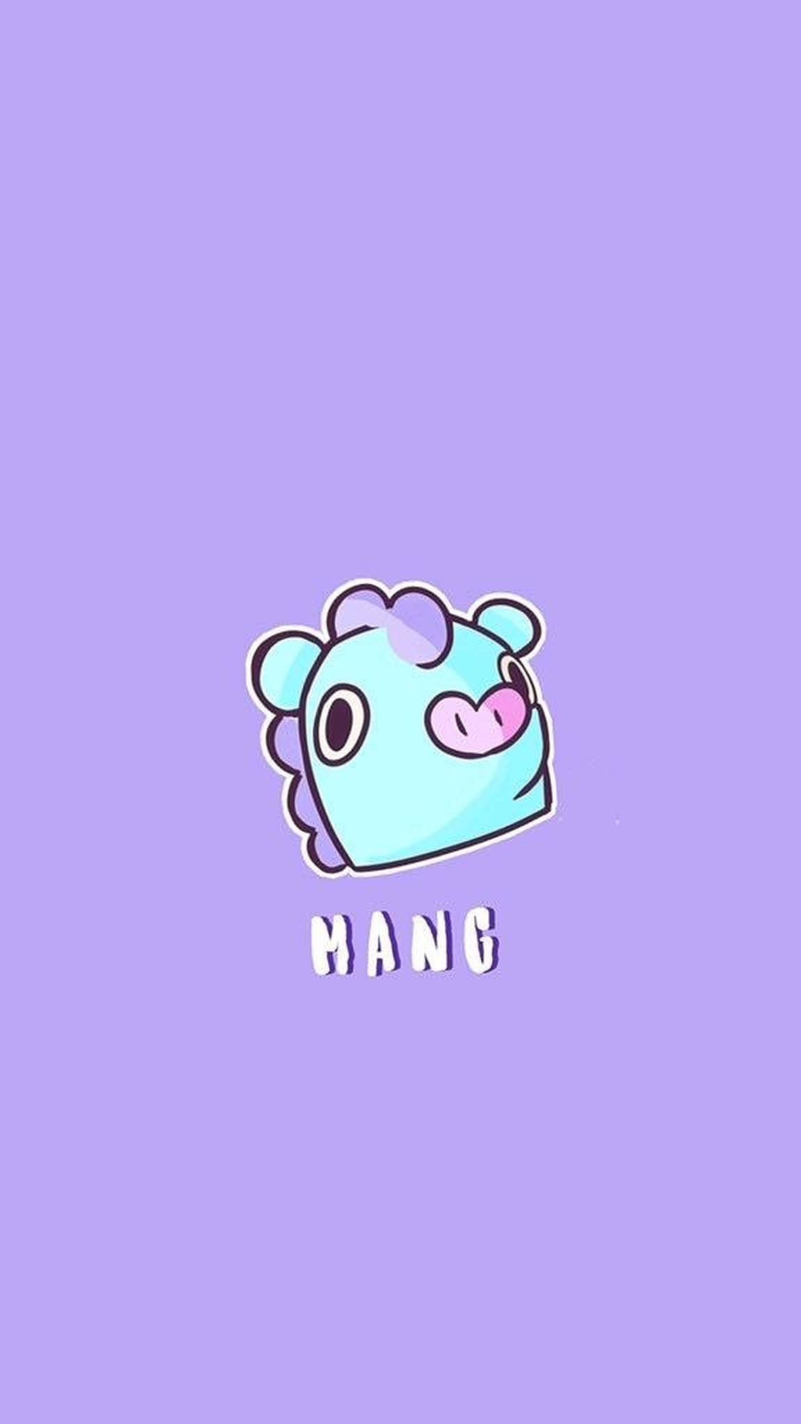 mang bt21 桌布 壁紙 — 一隻可愛的卡通豬，擁有紫色鬃毛和粉紅色鼻子，居中在純薰衣草色背景上，下方有MANG字樣。
