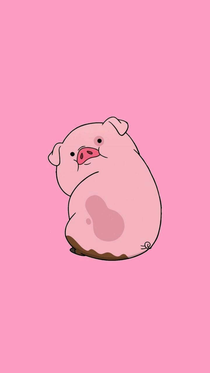 waddles 桌布 壁紙 — 一隻可愛的卡通豬，有粉紅色的鼻子和泥濘的腳，坐在純粉紅色背景的中央。
