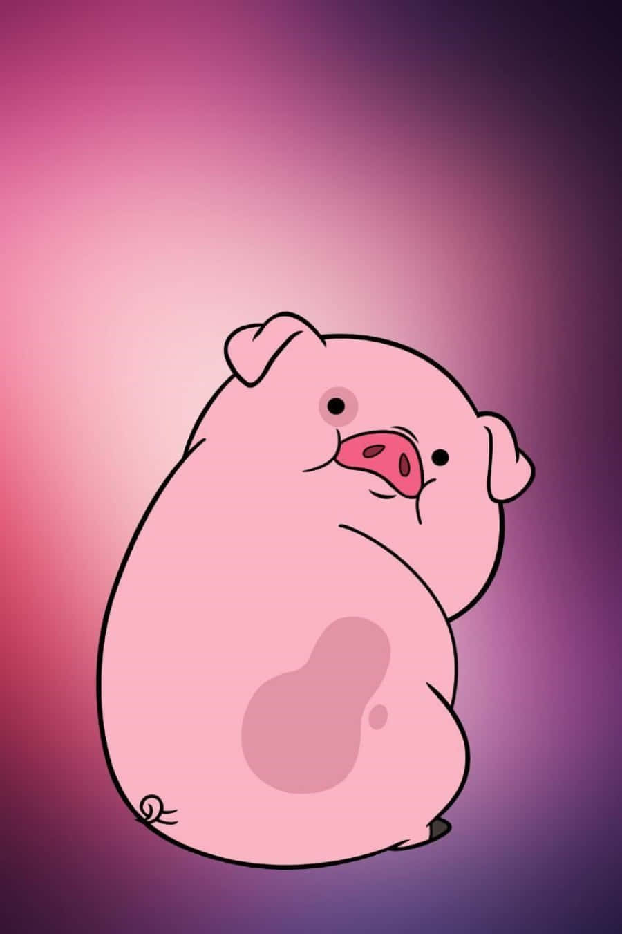 Piggy 桌布 壁紙 — 一隻可愛的卡通豬，粉紅色的鼻子，坐在粉紅和紫色的漸變背景前。