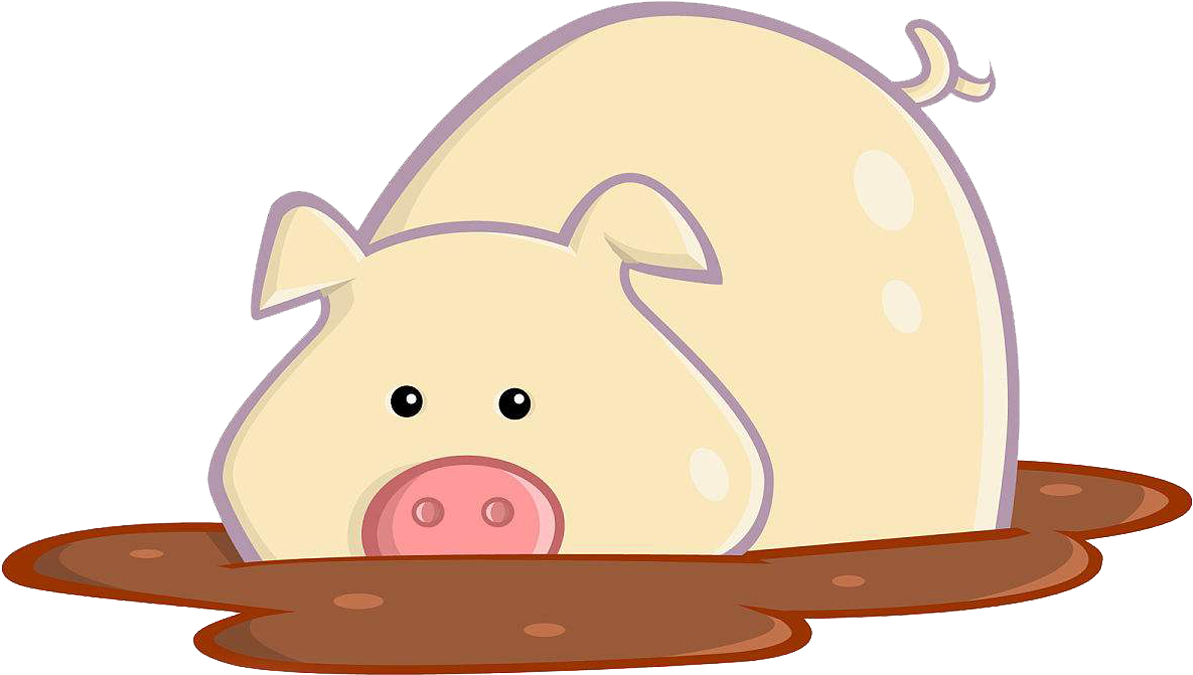 Pigs 桌布 壁紙 — 一隻可愛的卡通豬，粉紅色的鼻子和白色斑點，頑皮地從棕色泥坑中探出頭來。