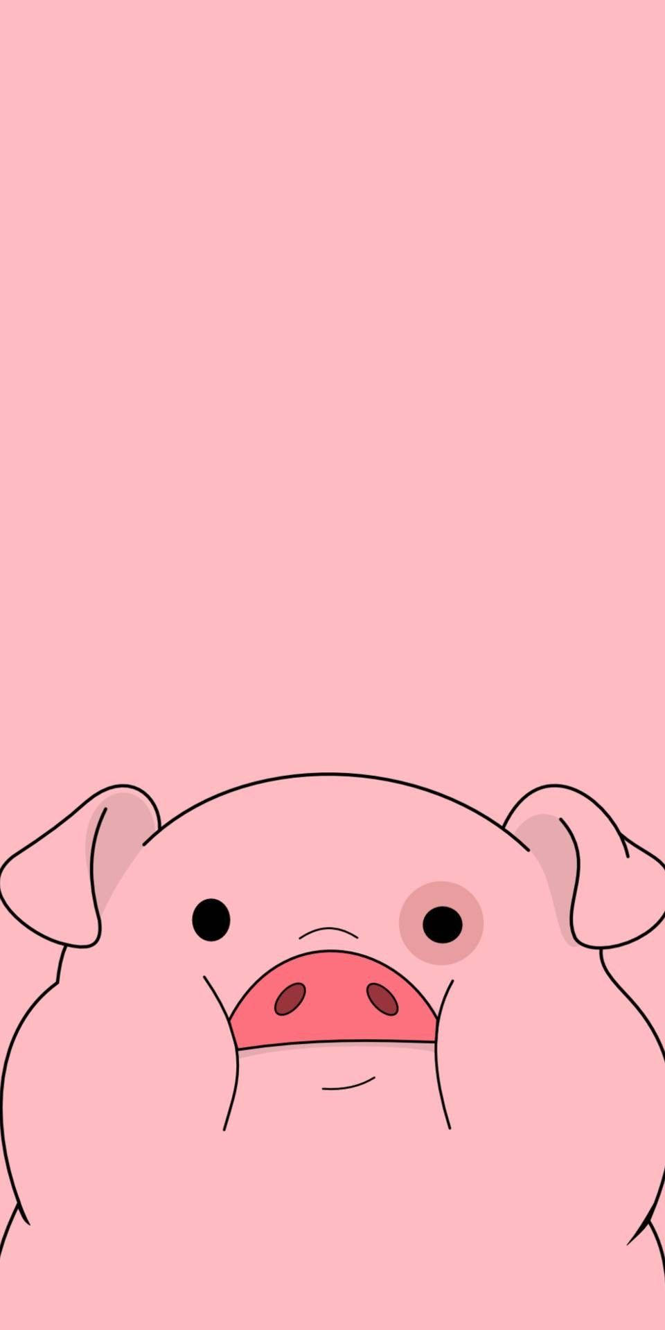waddles 桌布 壁紙 — 一隻可愛的卡通豬，粉紅色的鼻子從底部探出頭來，背景是純粉紅色。