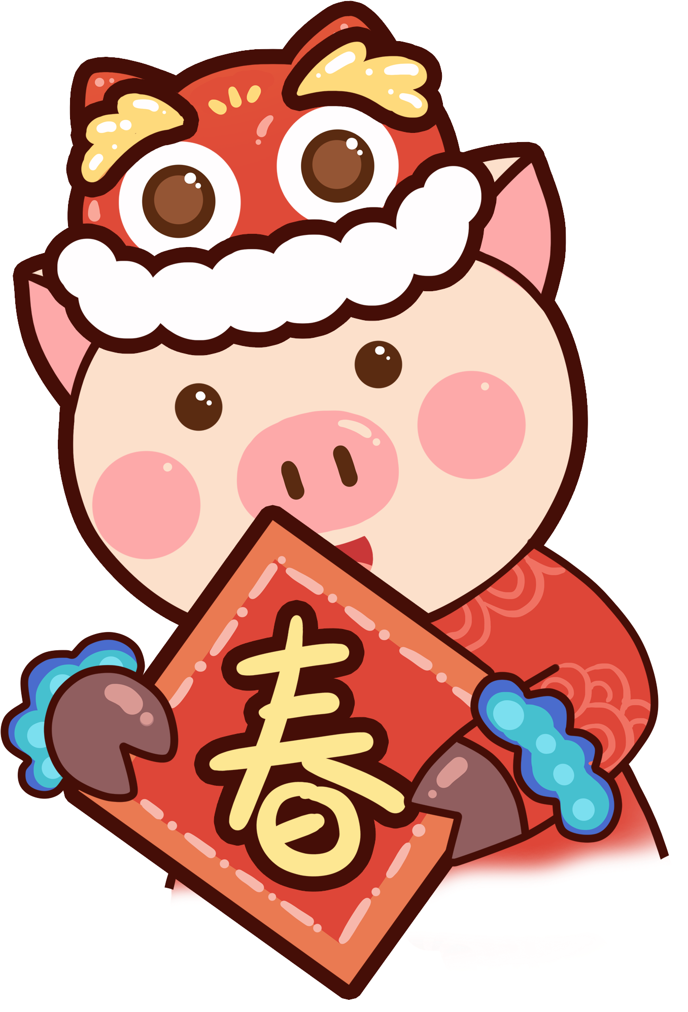 春節 桌布 壁紙 — 一隻可愛的卡通豬穿著紅色舞獅服裝，手持寫有「春」字的紅色橫幅。