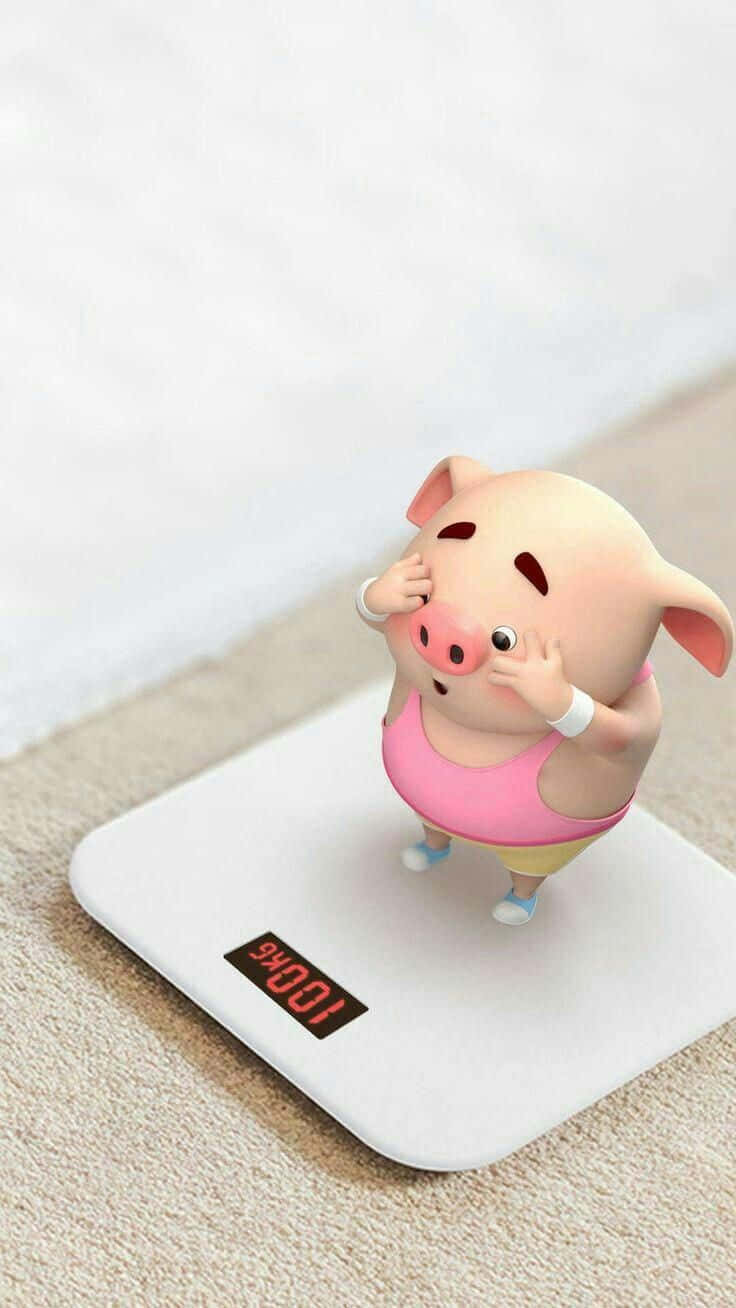 Piggy 桌布 壁紙 — 一隻可愛的卡通豬穿著運動服，站在顯示100公斤的體重磅上，表情驚訝。