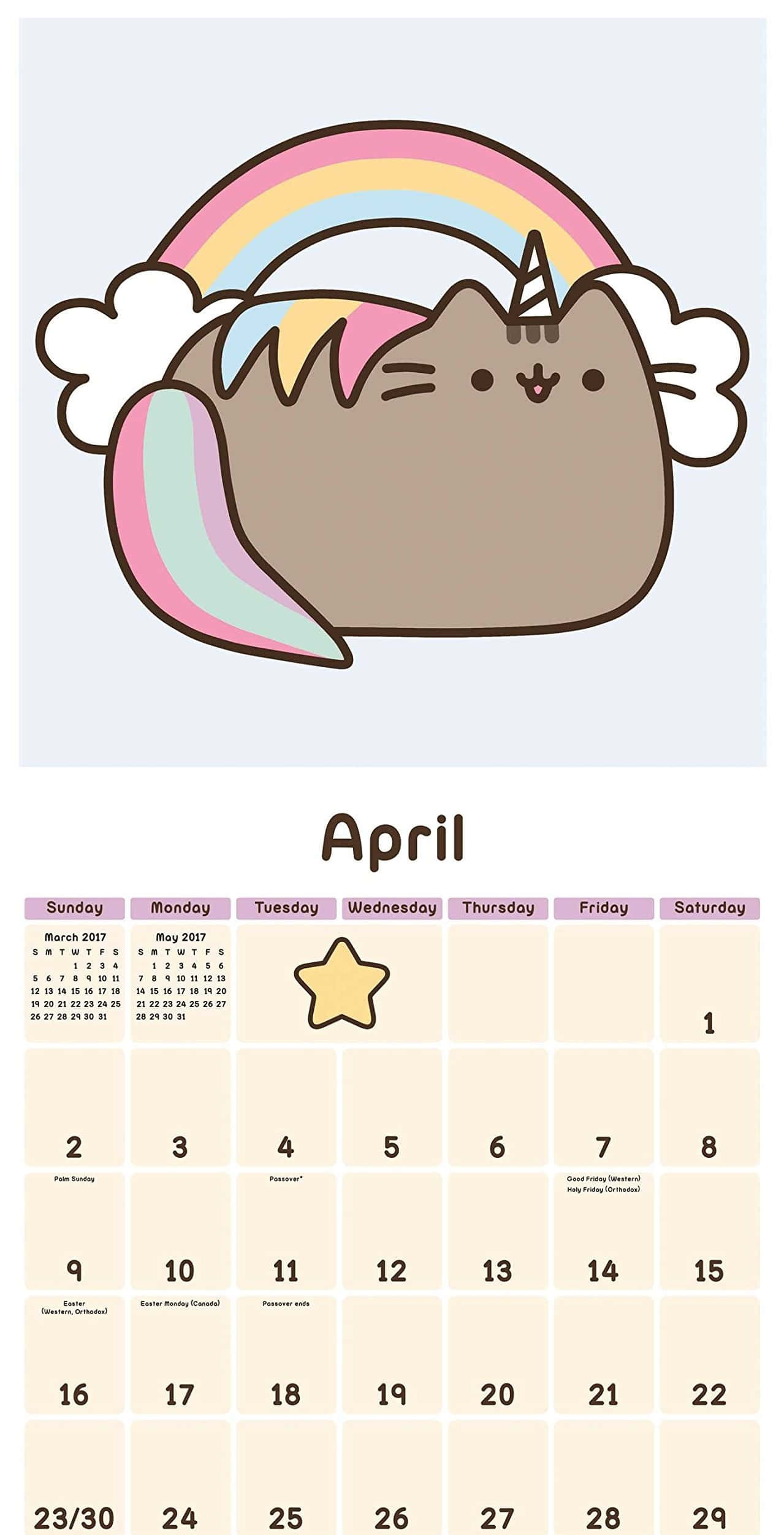 Pusheen Kawaii 桌布 壁紙 — 一隻可愛的卡通貓，有彩虹角和尾巴，漂浮在粉彩色的2017年4月日曆上方。