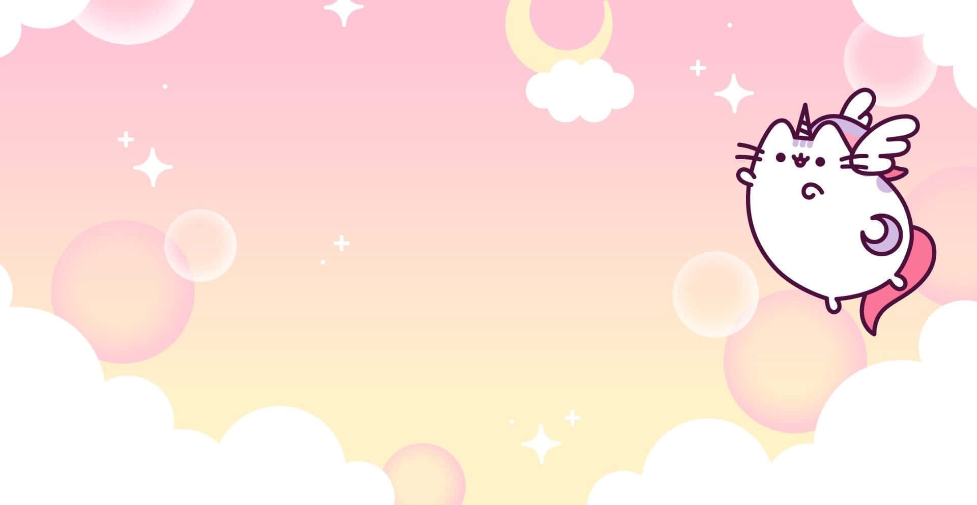一隻有翅膀和角的飛貓，在粉彩天空的雲朵和氣泡之間。 — Pusheen 動圖 壁紙