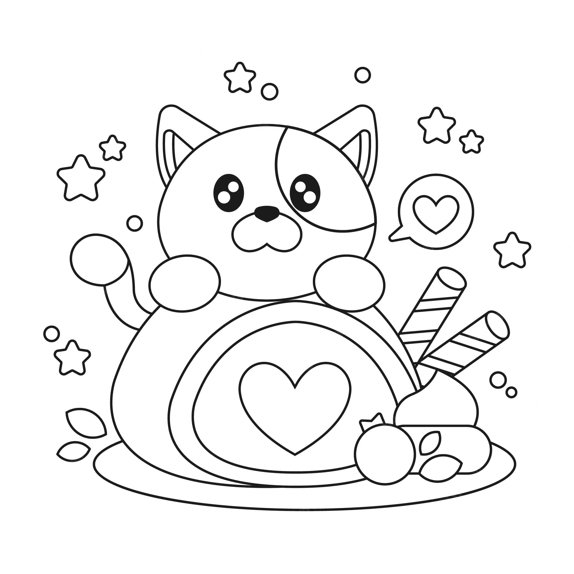 chubby 桌布 壁紙 — 一隻可愛的卡通貓，殼上有心形圖案，在星星和拐杖糖的環繞下愉快地揮手。