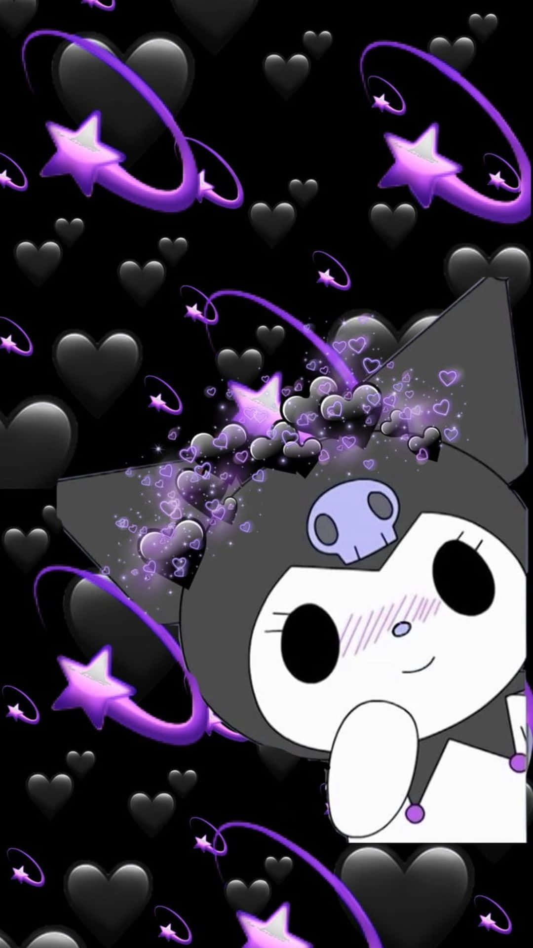 Kuromi Kawaii 桌布 壁紙 — 一隻可愛的卡通貓，頭上有一個骷髏頭，被發光的紫色星星和愛心包圍，背景為黑色。