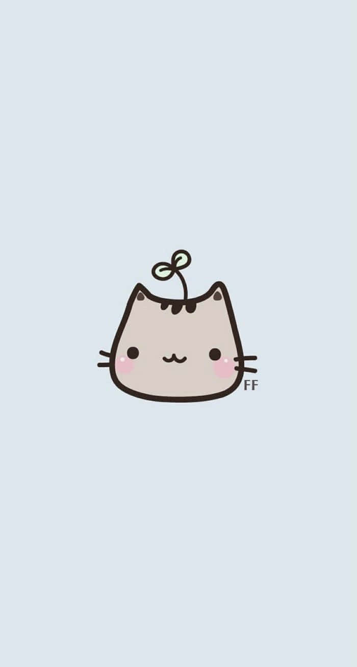 Cute Cartoon 桌布 壁紙 — 一隻可愛的卡通貓，頭上有一棵小綠芽，背景是淺藍色。