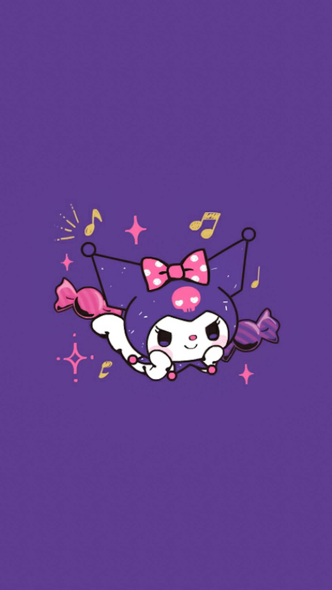 sanrio 桌布 壁紙 — 一隻可愛的卡通貓咪，戴著粉紅色蝴蝶結和骷髏圖案，在帶有音符和閃光的純紫色背景上頑皮地懸掛著。
