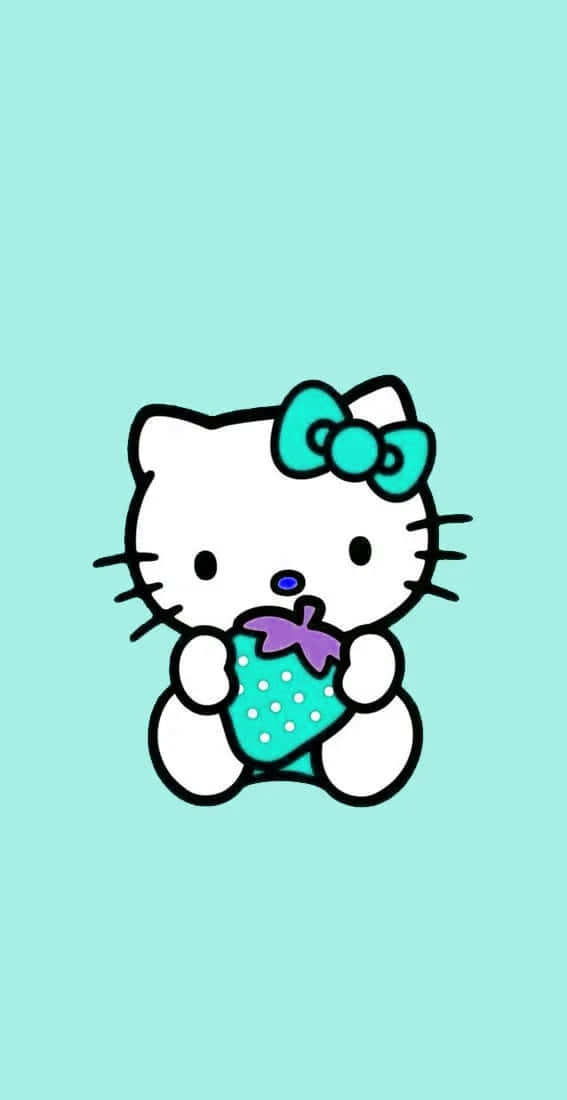 Kawaii Hello Kitty 桌布 壁紙 — 一隻可愛的卡通貓咪，戴著青綠色的蝴蝶結，拿著一顆青綠色圓點草莓，背景是純薄荷綠色。