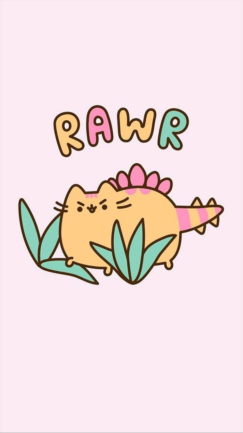 一隻卡通貓咪，擁有劍龍的背部和尾巴，蹲在綠色葉子中。 — Pusheen 動圖 壁紙
