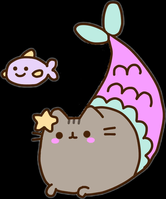 Cartoon 桌布 壁紙 — 一隻可愛的卡通貓咪，擁有粉紅色美人魚尾巴和海星飾品，在黑色背景旁與微笑的魚一起游泳。