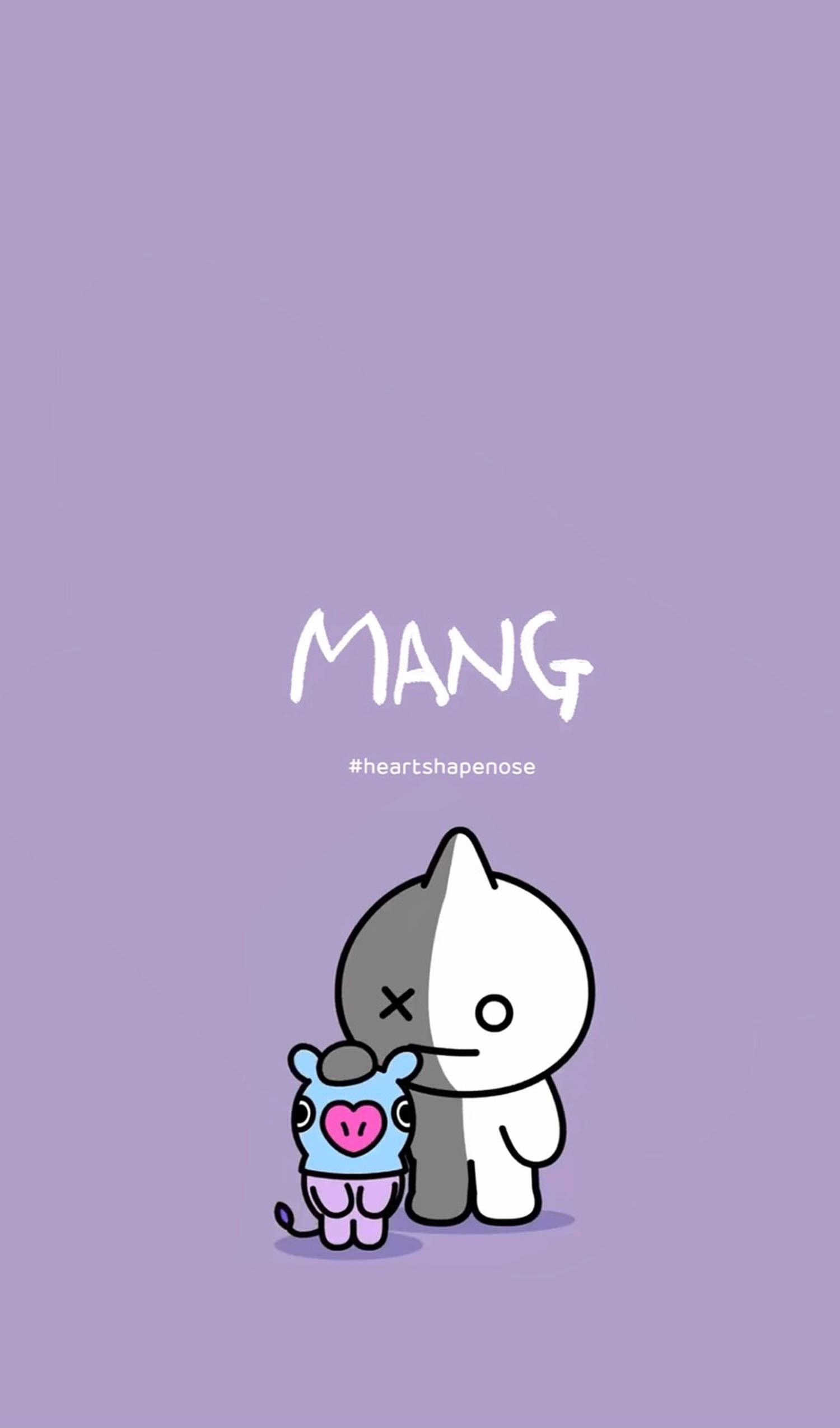 mang bt21 桌布 壁紙 — 一隻可愛的卡通貓咪，有著心形鼻子，在純色薰衣草背景上擁抱一隻小小的藍色生物。