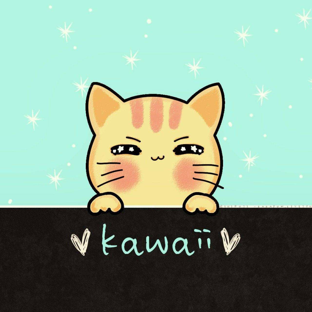 Cute Kawaii Cat 桌布 壁紙 — 一隻可愛的卡通貓咪，臉頰紅潤，從黑色表面探出頭來，背景是薄荷綠的星空。