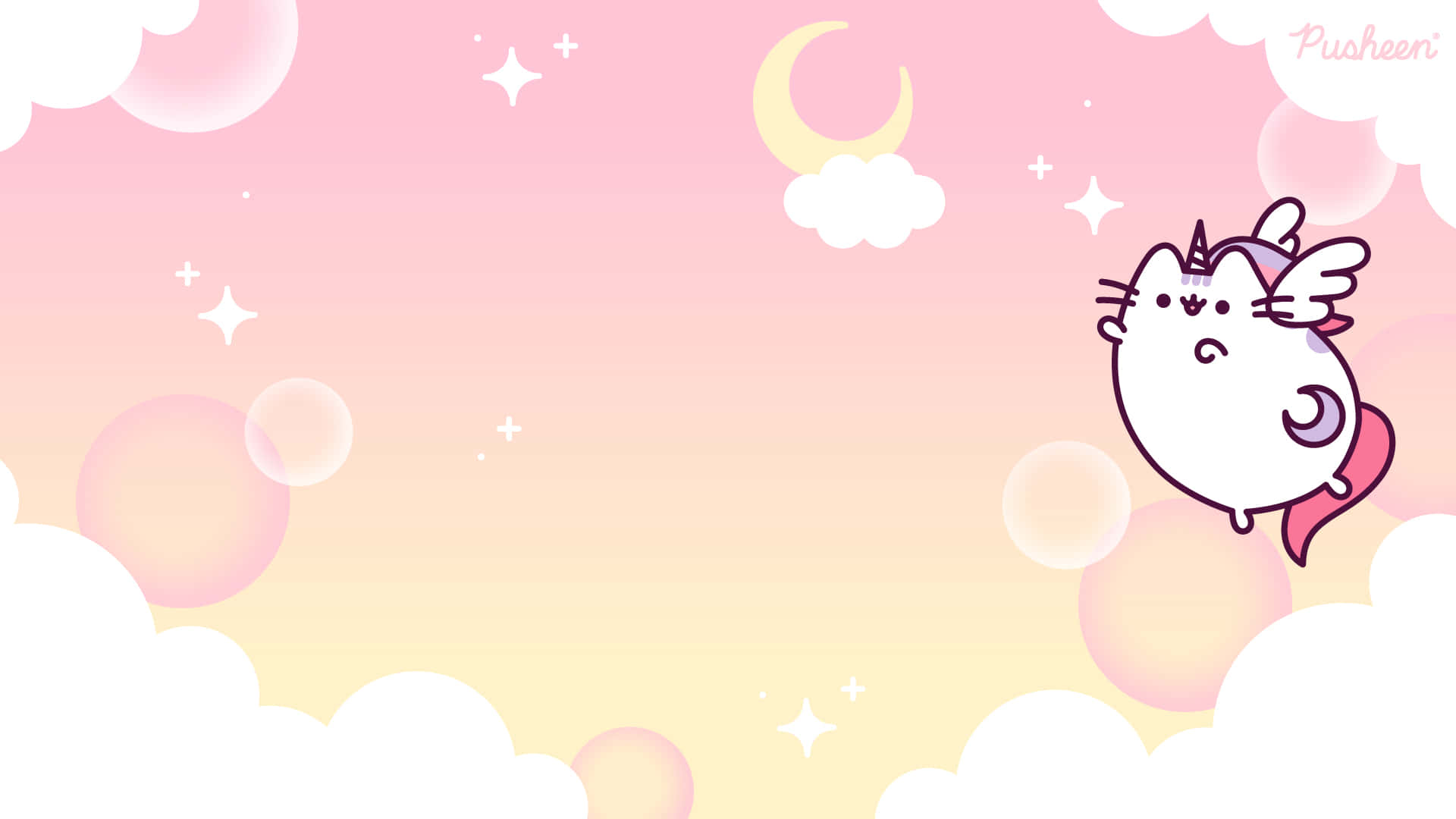 pusheen 動圖 桌布 壁紙 — 一隻可愛的卡通貓咪，長有翅膀和角，在粉彩天空中的新月下漂浮於雲朵和星星之間。
