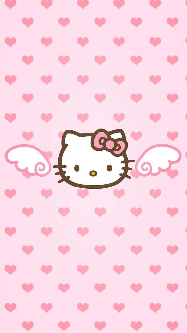 Hello Kitty 桌布 壁紙 — 一隻可愛的卡通貓咪，長著天使翅膀，戴著粉紅色蝴蝶結，漂浮在粉紅色愛心圖案背景上。