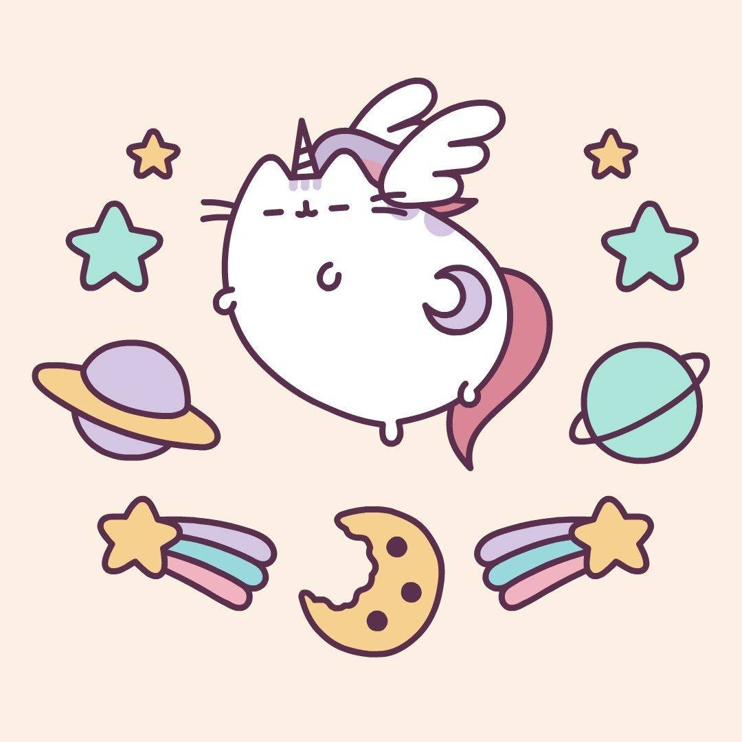 pusheen 動圖 桌布 壁紙 — 一隻可愛的卡通貓咪，長著翅膀和角，在柔和的粉彩背景中漂浮在星星、行星和彩虹之間。