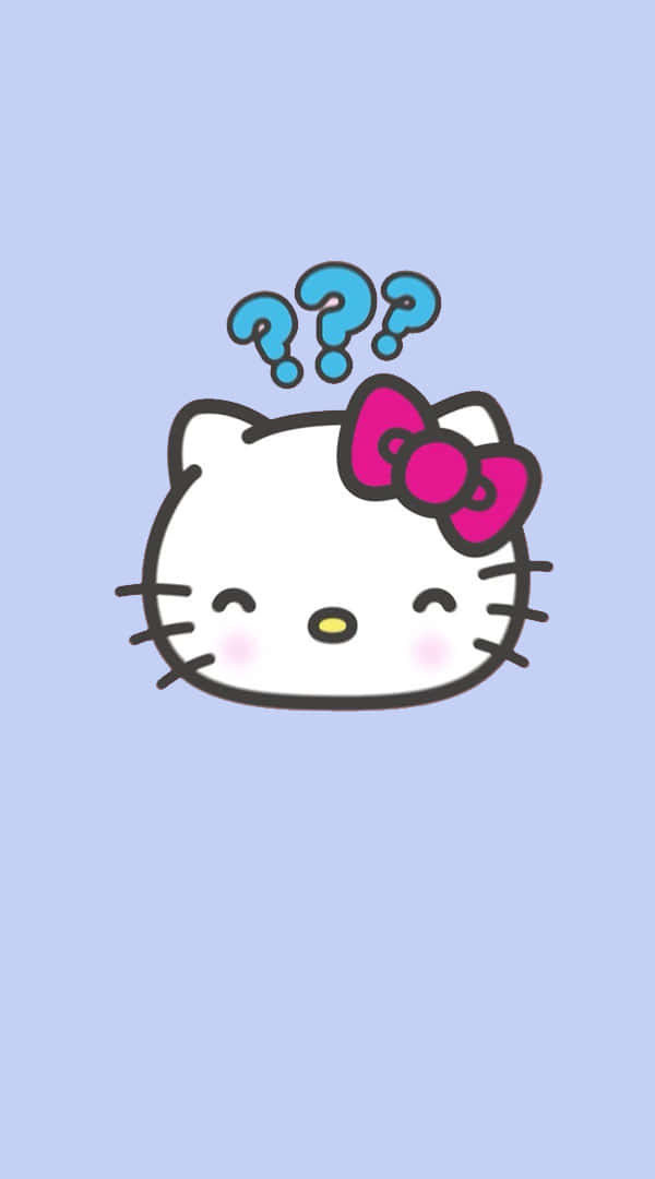Kawaii Hello Kitty 桌布 壁紙 — 一隻可愛的卡通貓咪，頭上戴著粉紅色蝴蝶結，上方有藍色問號，背景是淺藍色。