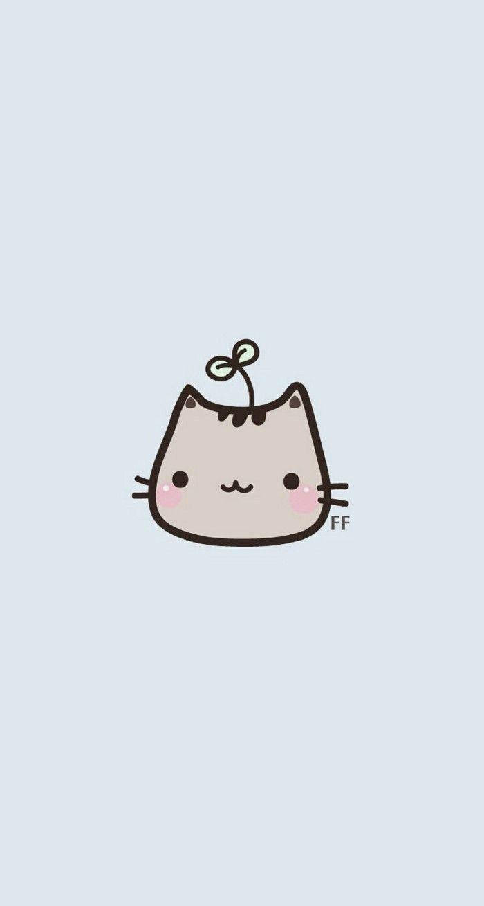 Cute Kawaii Cat 桌布 壁紙 — 一隻可愛的卡通貓咪，頭頂上長著小嫩芽，在柔和的藍色背景前溫柔地微笑。